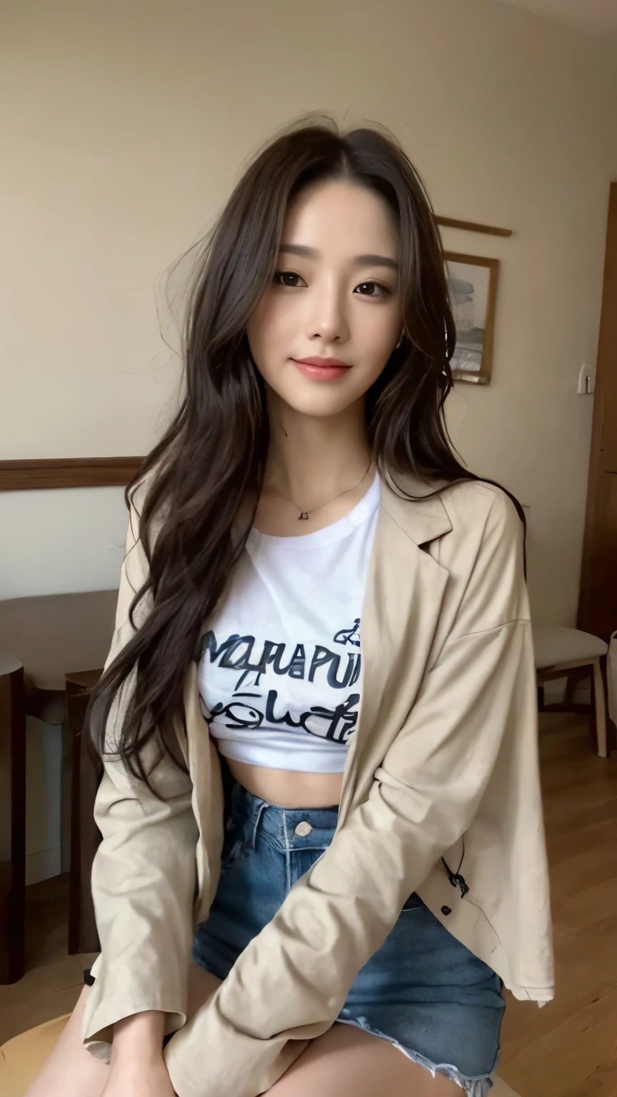 ((top-quality、8k、masterpiece:1.3))、Beautiful woman with perfect body:1.4、slim abdomen:1.2、Longhair, normal breast, Highly detailed facial and skin texture, A detailed eye, (smile), (full body shot), ((cafe)), (sitting on chair), (((wearing t-shirt with jacket)), looking in front