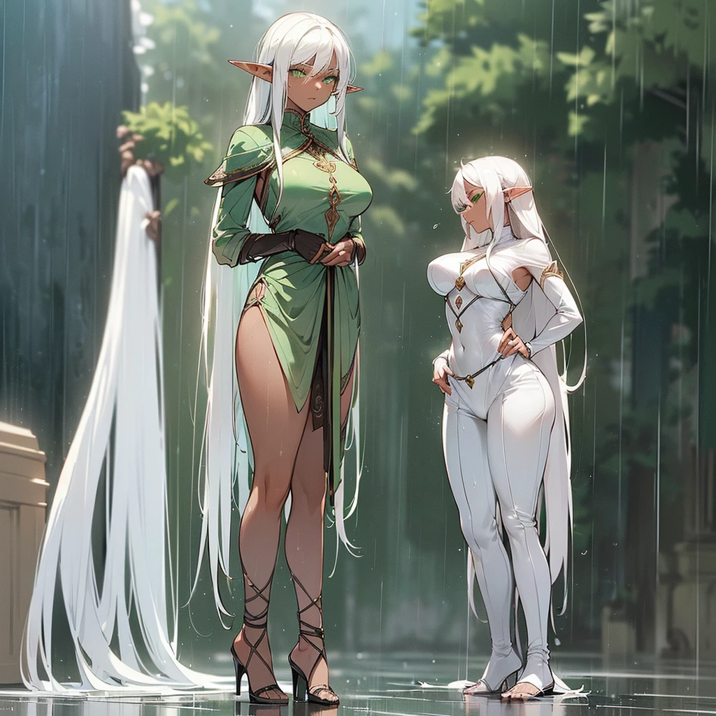 (((I want a solitary Elf Woman, Long white hair, Serene green eyes, Dark skin, mature body with medium breasts and thin waist, wearing a beautiful outfit, standing on a street where it is raining while she looks worried)))