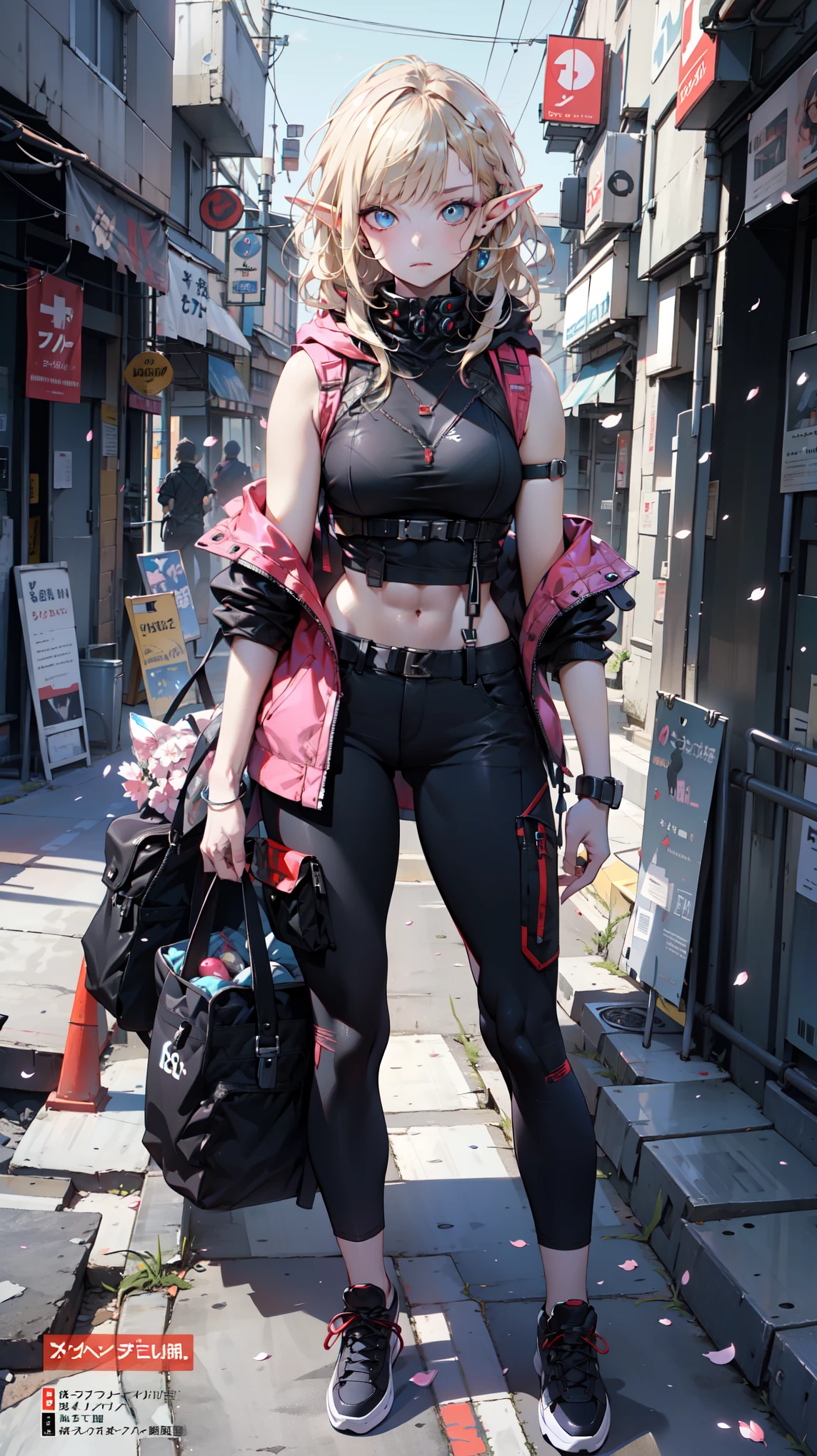 ((masterpiece)), (top quality), (best quality), ((ultra-detailed, 8k quality)), Aesthetics, Cinematic lighting, soft semi-backlit light, (detailed line art), absurdres, (best composition), (high-resolution),
BREAK,
a beautiful adult cyberpunk elf girl, wearing  a shirt with a armbands, techwear women, techwear occultist, wearing cyberpunk techwear, dystopian scifi outfit postapocalyptic vibes of the poster, wearing a stylish and edgy outfit, with a determined expression on her face, black pants, standing, looking at viewer, sleeveless hoodie, black footwear, zipper, wearing a stylish and edgy outfit, see-through, straight-on, street, sky, cherry blossoms, (magazine:1.3), (cover-style:1.3), fashionable, woman, vibrant, outfit, posing, front, colorful, dynamic, background, elements, confident, statement, accessory, majestic, coiled, around, touch, scene, text, cover, bold, title, stylish, font, catchy, headline, larger, striking, modern, trendy, focus, fashion,
BREAK,
highly detailed of (elf), (1girl), solo, perfect face, details eye, ahoge,  (braided bangs:1.3), ((long hair:1.2)), [[Messy hair]], blonde white shining hair,  blue eyes, shining eyes, (beautiful detailed eyelashes, eyeshadow, pink eyeshadow), design art by Mikimoto Haruhiko, by Kawacy, By Yoshitaka Amano,
BREAK, 
((perfect anatomy)), perfect body, Abs, medium breast, perfect hands, perfect face, beautiful face, beautiful eyes, perfect eyes, (perfect fingers, deatailed fingers), correct anatomy, perfect legs,