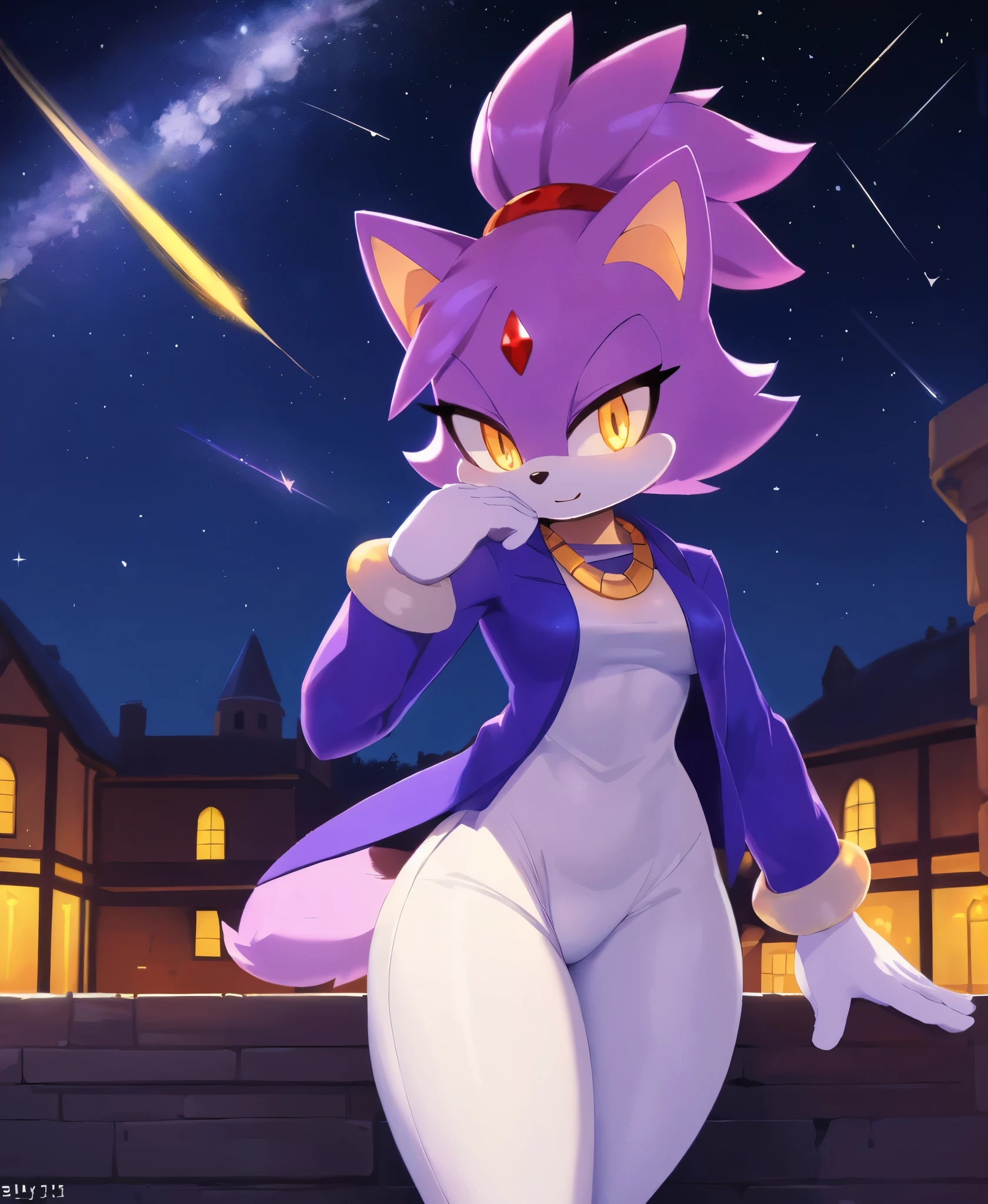 masterpiece, best quality, highres, Blaze The Cat, 1girl, gold necklace, white jumpsuit, animal_ears, closed_mouth, red forehead_jewel, fur-trimmed_gloves, fur_trim, furry, furry_female, gloves, long_sleeves, purple_coat, purple_hair, solo, standing, tied_hair, topknot, white_gloves, white_pants, yellow_eyes, tail, photo background, night sky, castle, solo, shooting star, star \(sky\), perfect hands, perfect anatomy