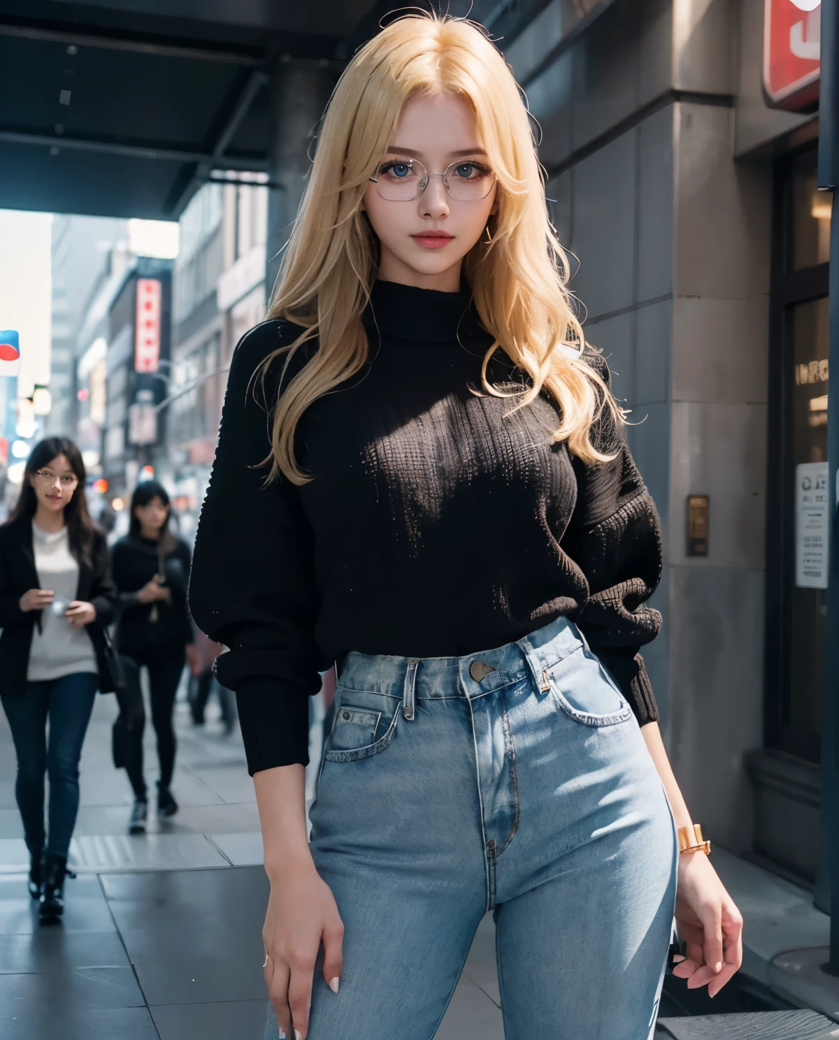 1girl, Blue eyes, (smile), (Sana Minatozaki), wide hips, Big , big ass, (Best Quality, 8k, Masterpiece: 1.3), perfect hands, Clear Focus: 1.2, Perfect Body Beauty: 1.4 , Strongs Abs: 1.2, Highly detailed face and skin texture, detailed eyes, double eyelids, (blonde long hair :1.2), (square glasses :1.4), (black long sweater :1.3), (jeans), standing, looking to the camera, on the streets of shibuya tokyo, japan