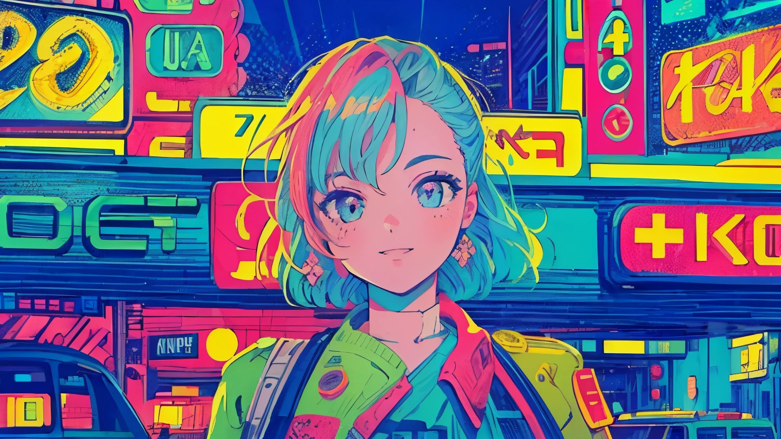 best quality, 4K wallpaper, masterpiece, extremely detailed CG unity 8k wallpaper, extremely detailed eyes, ultra-detailed, intricate details, close up 1 happy girl in center, retro art style, neon_pop art style, public, outdoors, road sign, city, people