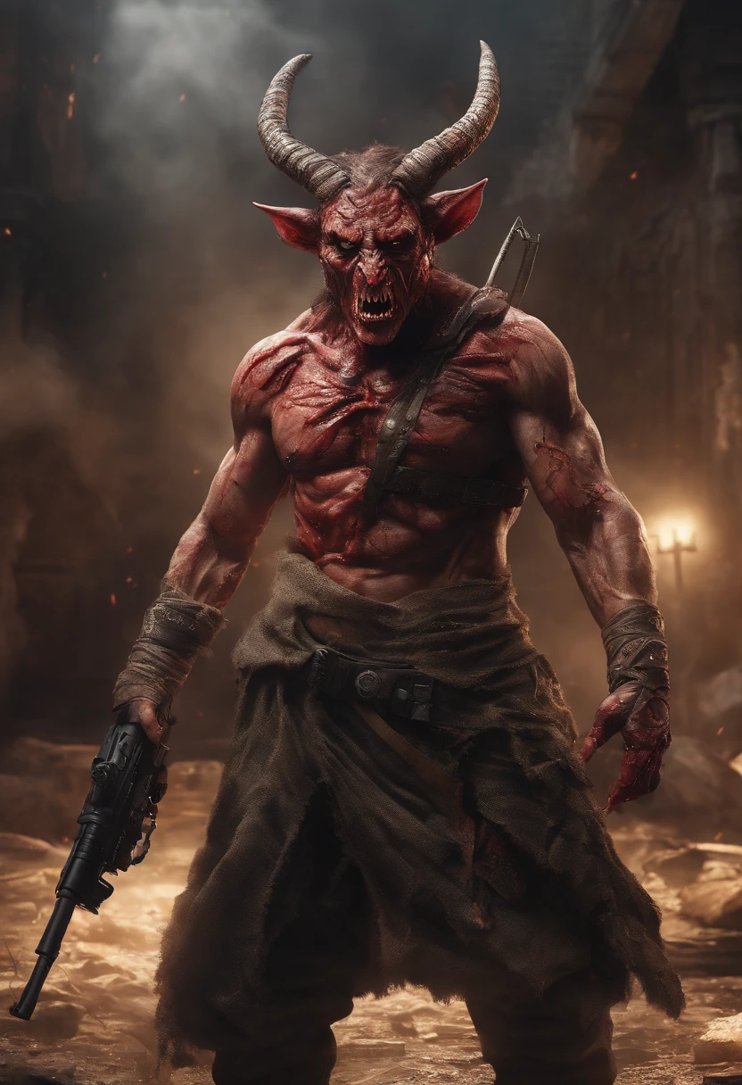 ((best quality)), (top quality)), (masterpiece), photorealistic, photorealism 16K, (16K), Fujifilm, A horned devils with a bloodied face and a bloodied head, (((STAR of KING DAVID on Chest))), ((ISRAEL FLAG)) , carnage, Sci - Horror Art of Fiction, Science fiction, ((FULL BODY SHOT)), devils male, in a combat pose, aiming an rifle, satan de carnage, horror realistic 4K, 16K, Detailed of 4k-16K , star of david on chest, horned,Highly Detailed, Photorealistic, High Resolution, Detailed Face, Looking directly at the camera, holding a rifle , Dark Fantasy Horror realistic CREATURE