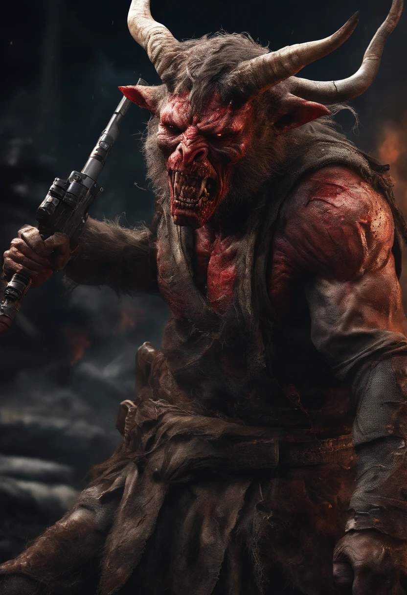 ((best quality)), (top quality)), (masterpiece), photorealistic, photorealism 16K, (16K), Fujifilm, A horned devils with a bloodied face and a bloodied head, (((STAR of KING DAVID on Chest))), ((ISRAEL FLAG)) , carnage, Sci - Horror Art of Fiction, Science fiction, ((FULL BODY SHOT)), devils male, in a combat pose, aiming an rifle, satan de carnage, horror realistic 4K, 16K, Detailed of 4k-16K , star of david on chest, horned,Highly Detailed, Photorealistic, High Resolution, Detailed Face, Looking directly at the camera, holding a rifle , Dark Fantasy Horror realistic CREATURE