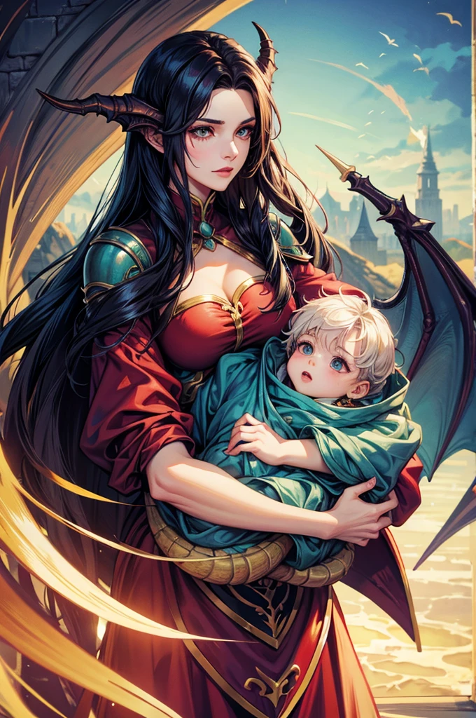 dragon-woman holding baby, soft color, high quality