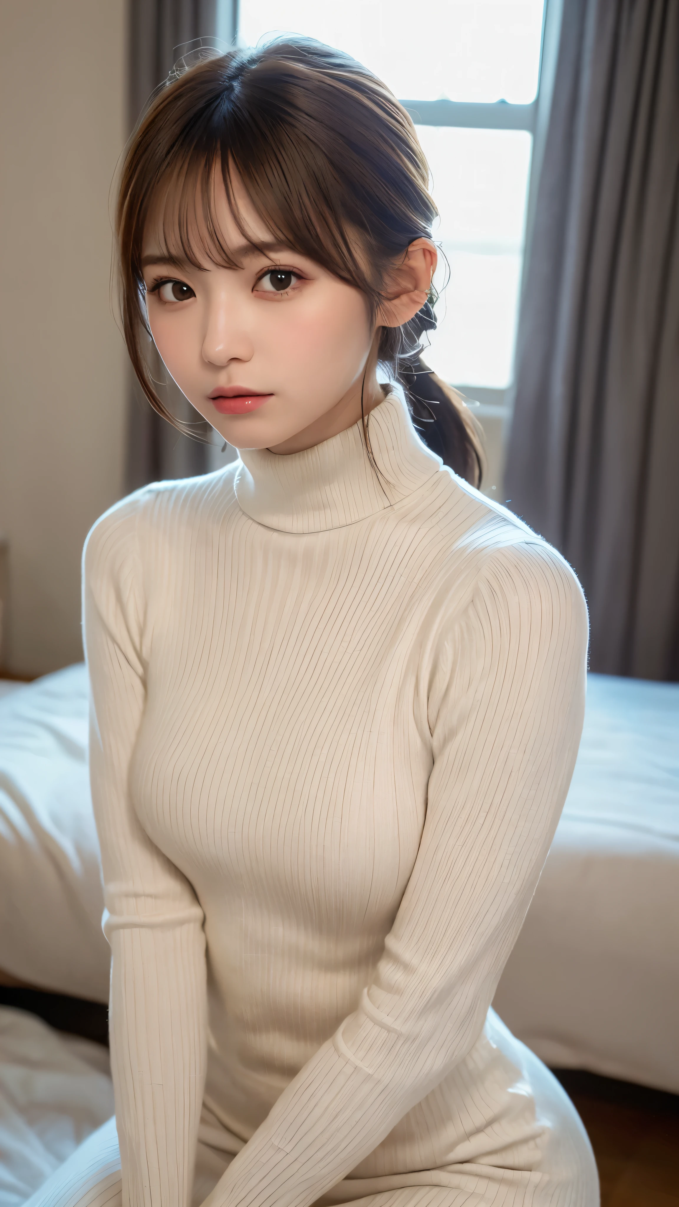 (masterpiece:1.5)、(realistic:1.5)、(highest quality:1.4、8K、RAW photo)、
ultra high resolution、professional lighting、perfect dynamic composition、Shot indoors、
film grain、chromatic aberration、(Bokeh:1.1)、
Frank、Sophisticated、charm、超realistic、high detail、golden ratio、
(1 girl)、slender girl、繊細でcharm女の子、cute woman:1.4、
serious expression、looking at the viewer、Versatile poses、sitting on the bed、
light brown hair、shining hair、Hair style is ponytail、
skin that looks real、
close your mouth、fine eyes、double eyelid、thin arms、、
(She is wearing a white tight turtleneck ribbed sweater dress.:1.3)