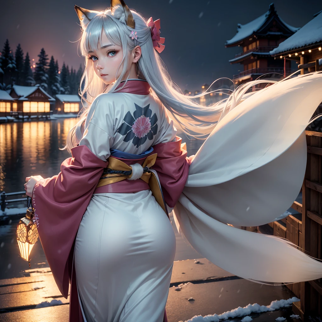 (High Detail CG Unity 16k wallpaper:1.1), (Noise reduction strength:1.45), (masterpiece:1.37), original, (andても上品で美しい), (perfect details), (Unity CG8K Wallpaper:1.05), (beautiful clear background:1.25), (one pretty girl (2 fox ears:0.9) and (fox tail on the back:1.2) Stand by the river:1.15). (Cute type:1.3), (narrow clean eyes:1.lettie face:1.3), silver hair, silver ears, (pink hair:0.7), (Pink ears:0.7), long hair, (japanese kimono:1.25), (windblown hair:1.1), (blue eyes:1.1), ( girl:1. 1) butterfly flapping its wings, (moonlight:0.6), wood, snow dance, (Winter orientation), (night:1.2), (gloves:0.8), alone, (figure), (Depth of bounds written:0.7), (close :0.35), god's rays, sparks, shining light, (must-have)