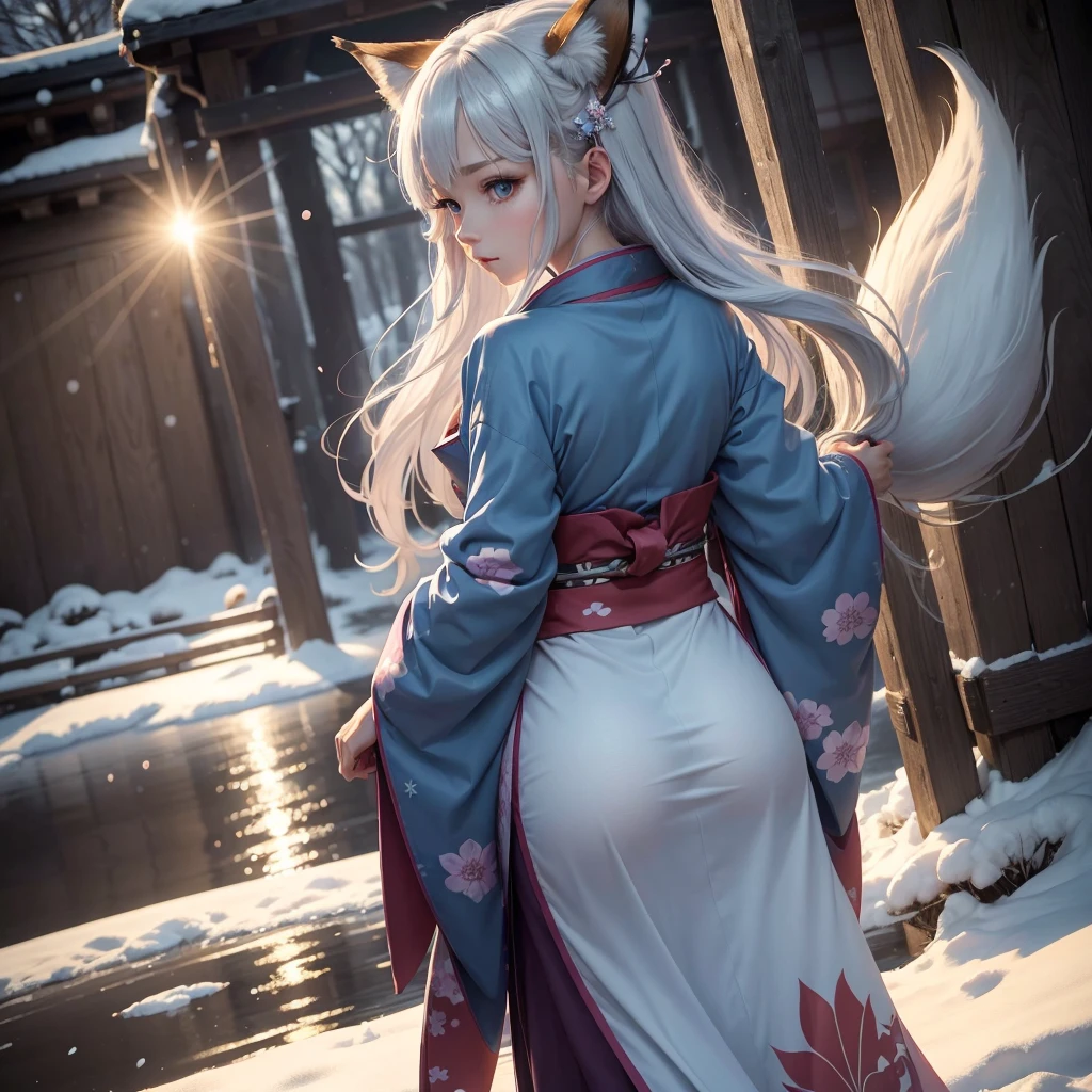 (High Detail CG Unity 16k wallpaper:1.1), (Noise reduction strength:1.45), (masterpiece:1.37), original, (andても上品で美しい), (perfect details), (Unity CG8K Wallpaper:1.05), (beautiful clear background:1.25), (one pretty girl (2 fox ears:0.9) and (fox tail on the back:1.2) Stand by the river:1.15). (Cute type:1.3), (narrow clean eyes:1.lettie face:1.3), silver hair, silver ears, (pink hair:0.7), (Pink ears:0.7), long hair, (japanese kimono:1.25), (windblown hair:1.1), (blue eyes:1.1), ( girl:1. 1) butterfly flapping its wings, (moonlight:0.6), wood, snow dance, (Winter orientation), (night:1.2), (gloves:0.8), alone, (figure), (Depth of bounds written:0.7), (close :0.35), god's rays, sparks, shining light, (must-have)