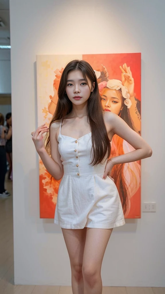 a woman in a short dress posing in front of a painting, gorgeous young korean woman, wearing an elegant dress, beautiful young korean woman, sexy dress, beautiful south korean woman, yanjun chengt, jaeyeon nam, korean women's fashion model, elegant dress, hwang se - on, pink dress, korean artist, wearing a pink dress, cute korean actress