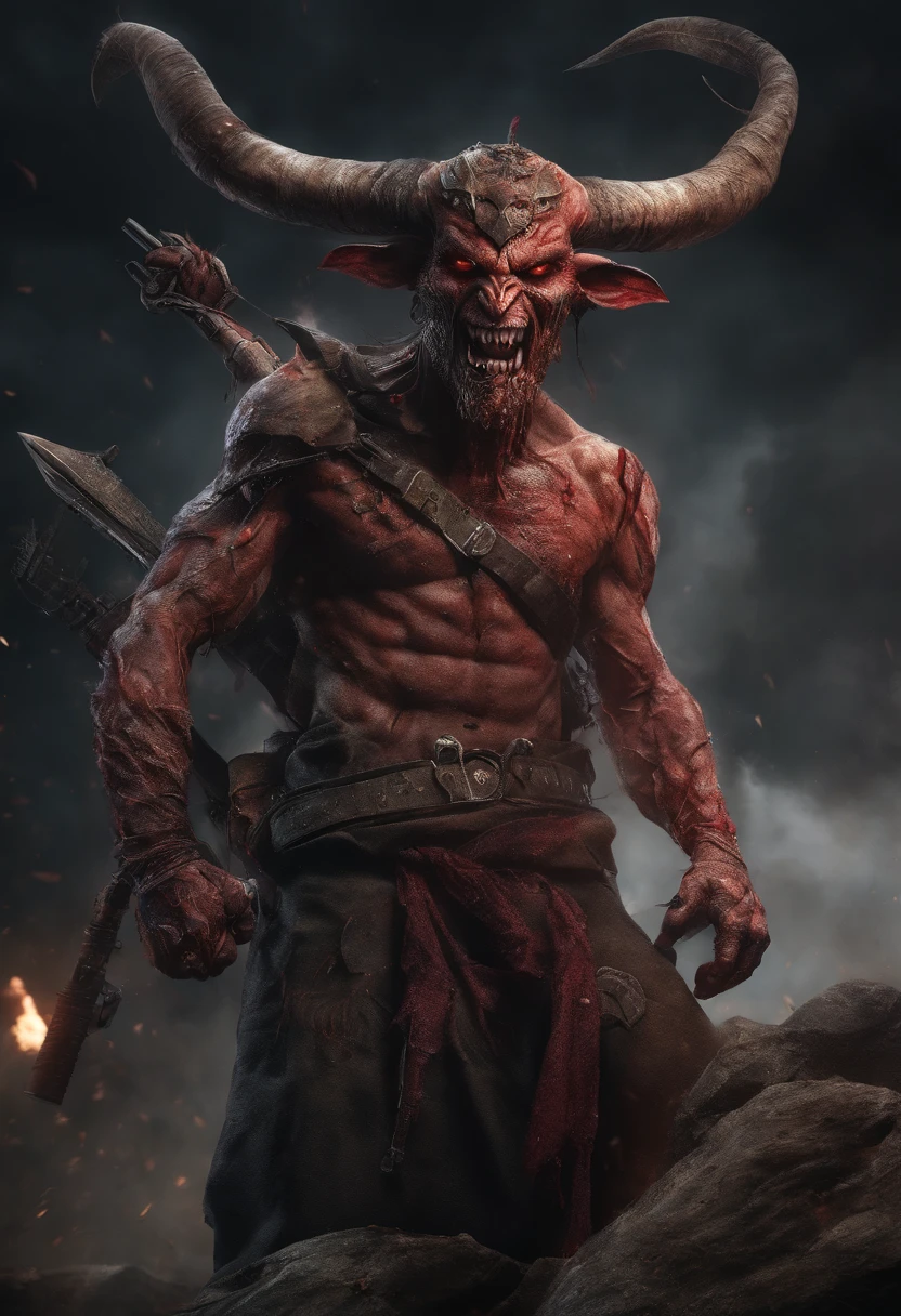 ((best quality)), (top quality)), (masterpiece), photorealistic, photorealism 16K, (16K), Fujifilm, A horned devils with a bloodied face and a bloodied head, (((STAR of KING DAVID on Chest))), ((ISRAEL FLAG)) , carnage, Sci - Horror Art of Fiction, Science fiction, ((FULL BODY SHOT)), devils male, in a combat pose, aiming an rifle, satan de carnage, horror realistic 4K, 16K, Detailed of 4k-16K , star of david on chest, horned,Highly Detailed, Photorealistic, High Resolution, Detailed Face, Looking directly at the camera, holding a rifle , Dark Fantasy Horror realistic CREATURE