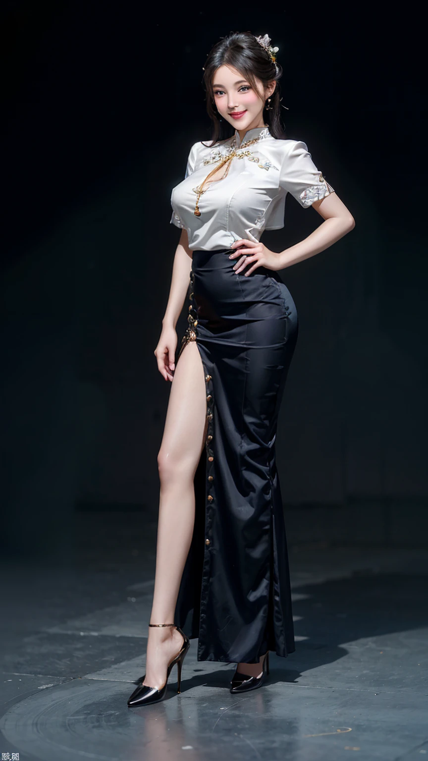 Chinese woman, beautiful face, masterpiece, HD, photorealistic, wedding attire, wearing Cheongsam, silk button blouse, pleated silk skirt, formal, physics-based rendering,(Full Body),(cute face:1.5),(huge breasts:1.2) ,high-heels,big hips,medium thighs,