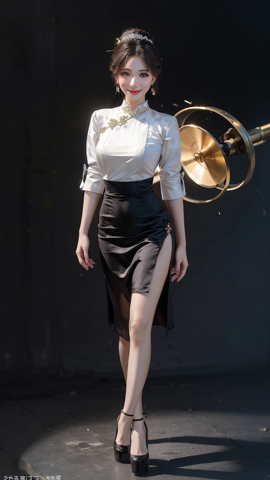 Chinese woman, beautiful face, masterpiece, HD, photorealistic, wedding attire, wearing Cheongsam, silk button blouse, pleated silk skirt, formal, physics-based rendering,(Full Body),(cute face:1.5),(huge breasts:1.2) ,high-heels,big hips,medium thighs,