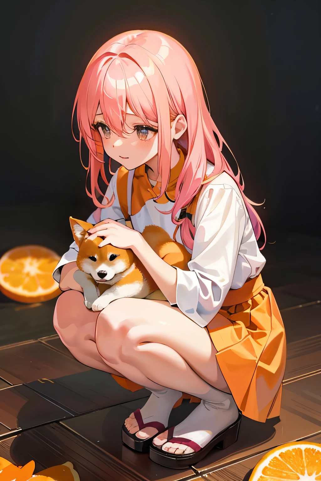 Title: Harmony in Oranges: A Girl and Her Pink Shiba Inu

Medium: Oil on Canvas
Aspect Ratio: 1:1
Background: Warm, vibrant orange hues that evoke a sense of comfort and tranquility.

Focal Point: A young girl with pink hair, her eyes filled with love and tenderness. She is squatting down, almost at the same height as her cherished pink Shiba Inu. Their close proximity creates an intimate and heartwarming scene.

Girl: Her pink hair cascades down her shoulders, framing a gentle and nurturing expression. Her hands gently cradle the Shiba