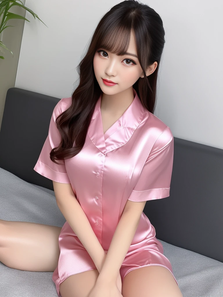 masterpiece, 1 woman per 1photo, full body shots, directly front view, a Japanese young pretty woman, hyper pretty face, 18 years old, wearing a short sleeve silky satin light pink nurse costume with collared, busty, sweaty body, Glossy Lips, glamorous figure, sitting alone on the silk bed, opening mouth, staring at a camera, spreading the legs a little, double eyelids in both eyes, natural make up, long eyelashes, shiny smooth  hair, asymmetrical bangs, pale skin, head in the frame, central image, 8K resolution, High detail, detailed hairstyle, Detailed Face, octane rendering, vibrant, an ultra realistic, perfect limbs, perfect anatomy, slightly thick thighs