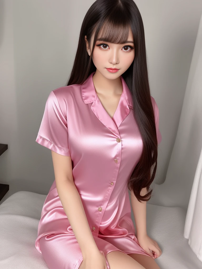 masterpiece, 1 woman per 1photo, full body shots, directly front view, a Japanese young pretty woman, hyper pretty face, 18 years old, wearing a short sleeve silky satin light pink nurse costume with collared, busty, sweaty body, Glossy Lips, glamorous figure, sitting alone on the silk bed, opening mouth, staring at a camera, spreading the legs a little, double eyelids in both eyes, natural make up, long eyelashes, shiny smooth  hair, asymmetrical bangs, pale skin, head in the frame, central image, 8K resolution, High detail, detailed hairstyle, Detailed Face, octane rendering, vibrant, an ultra realistic, perfect limbs, perfect anatomy, slightly thick thighs