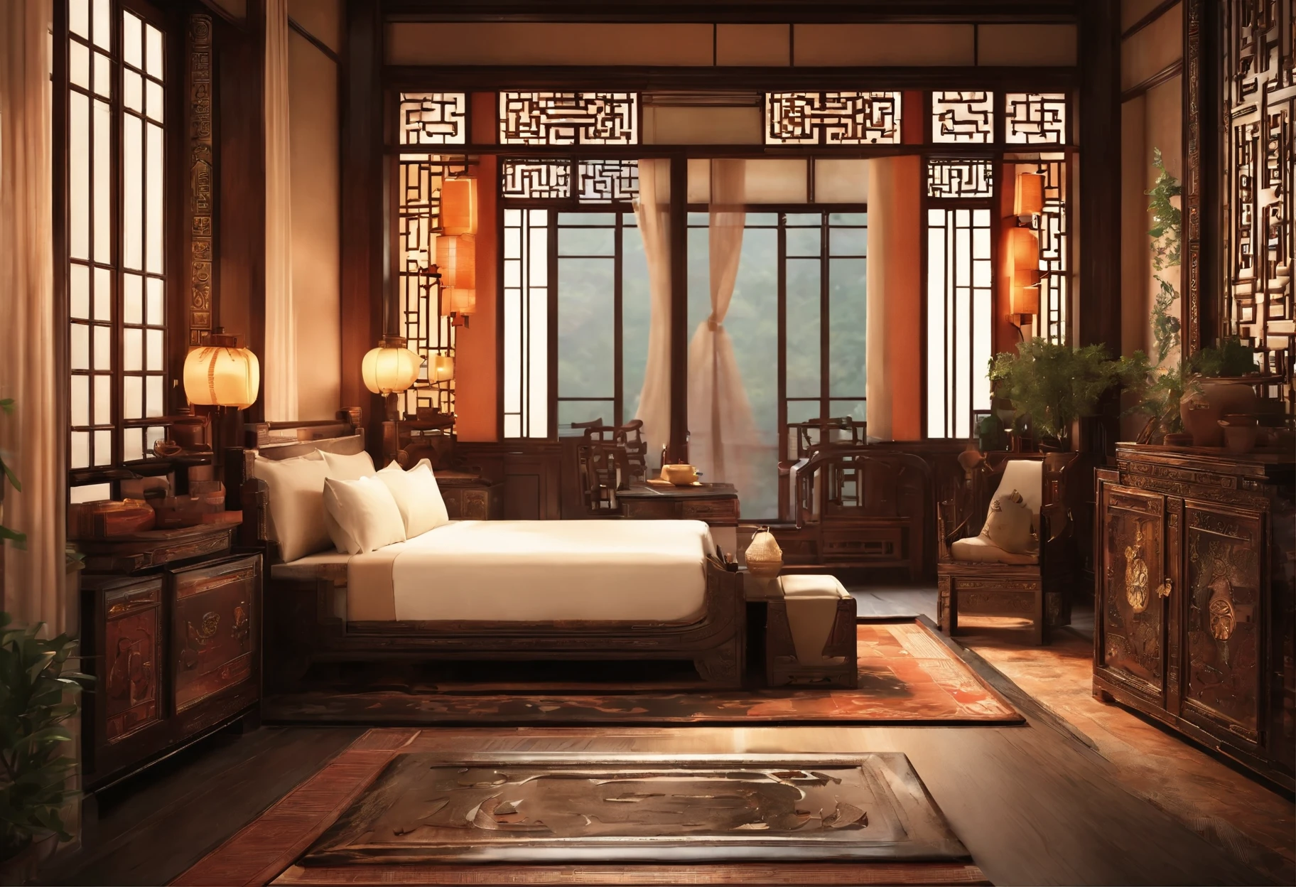 A traditional Chinese bedroom with antique wooden furniture, delicate carvings, and soft lighting, featuring ancient-style doors and elegant window coverings, ornate zither quietly placed in the corner, ink paintings hanging on the wall, exquisite jade carvings by the window, fragrant aroma diffusing throughout the room, displaying elegant calligraphy and antique artifacts, exuding a rich cultural atmosphere. (best quality,4k,8k,highres,masterpiece:1.2),ultra-detailed,(realistic,photorealistic,photo-realistic:1.37),traditional Chinese landscape,antique artistry,subtle and warm color palette,soft and natural lighting.