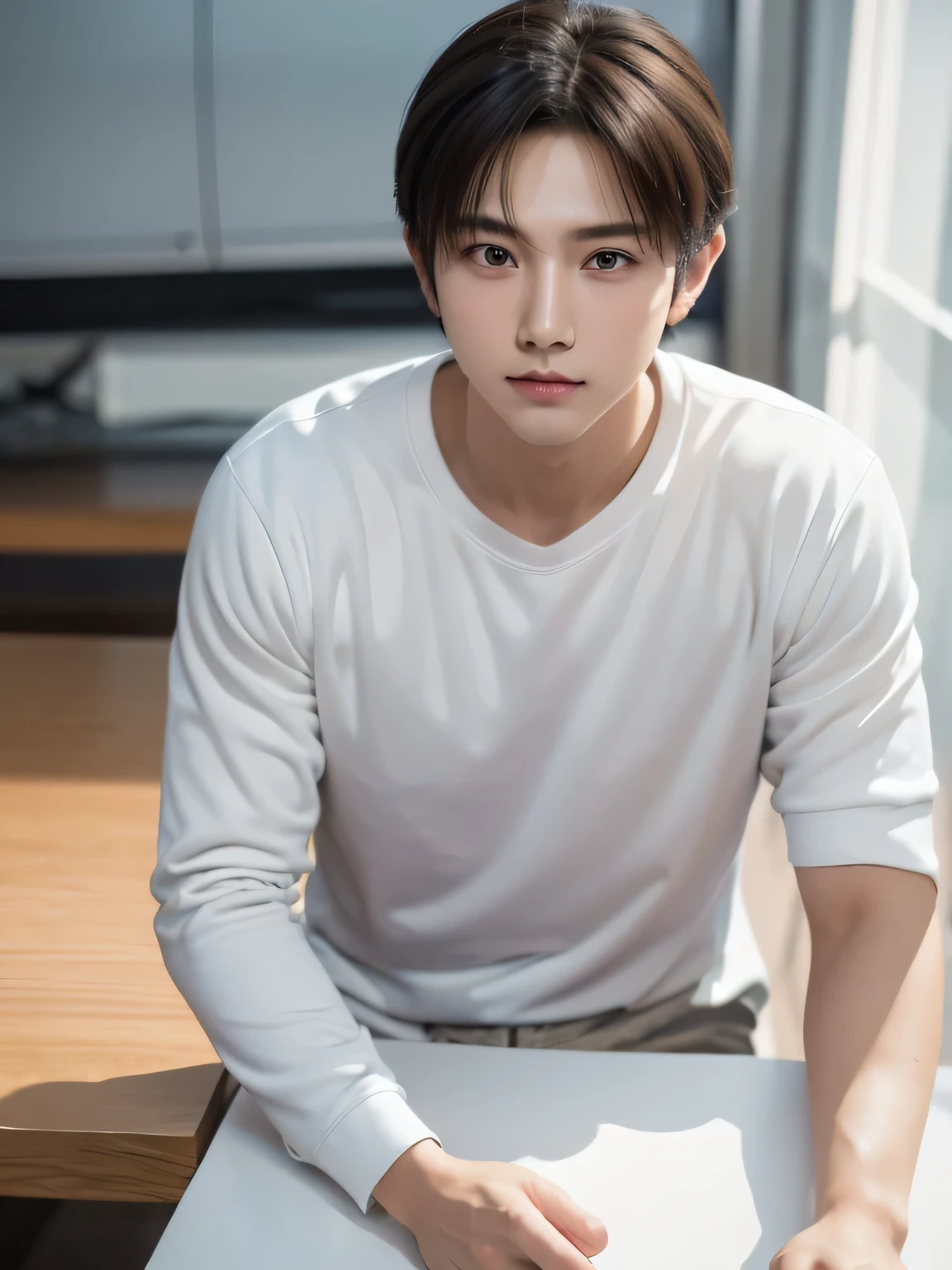 highest quality, real image, intricate details, Super detailed, ultra high resolution, depth field,(realistic,realistic:1.2),table top , frontal shot , From the middle , 1 boy, Very narrow eyes:1.2), alone, looking at the viewer, (short hair:1.5), white shirt, Dark gray slacks