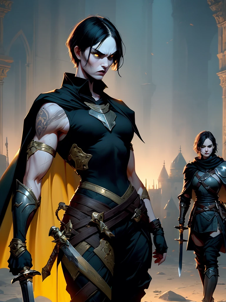 (((muscular))), ( small breasts, toned body, 1 girl), black hair, pale skin, yellow eyes, angry, short hair, dynamic pose, knight armor, medieval sword, knife, fantasy background, medieval fantasy, tank top armor, iron clothes, wear a cape, long pants