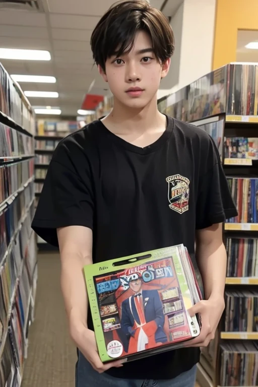 High school boy choosing CD in video store