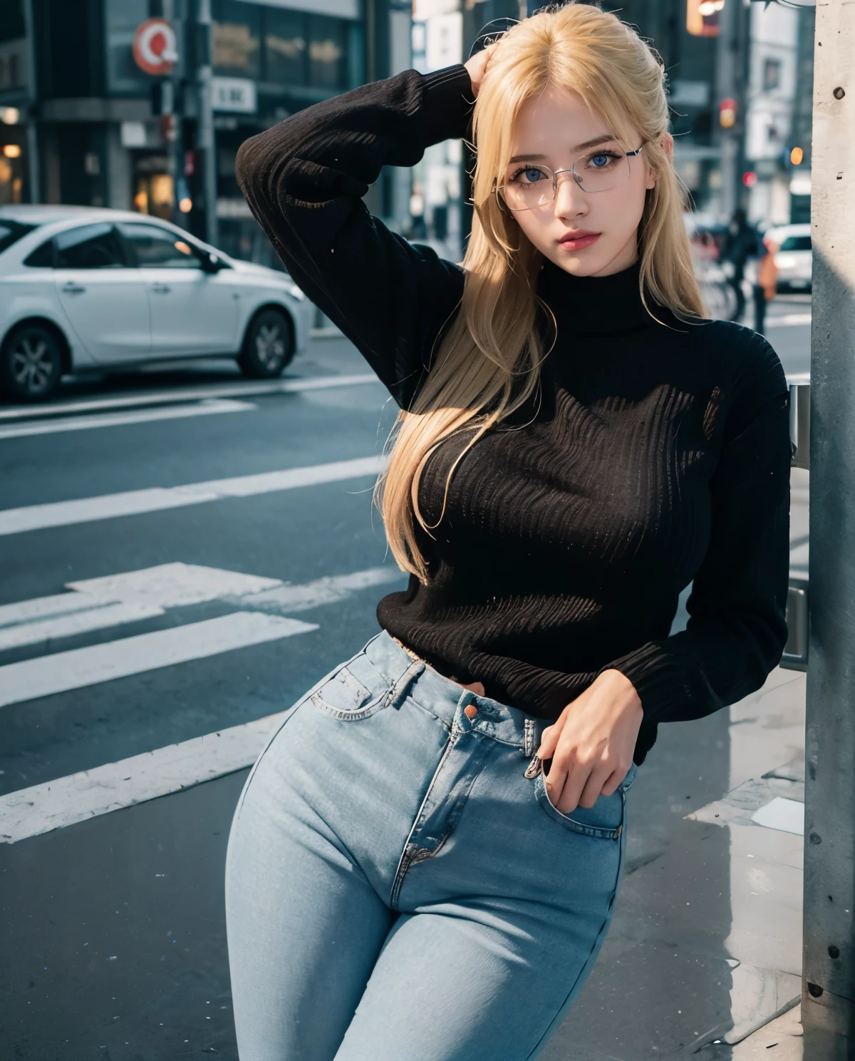 1girl, Blue eyes, (smile), (Sana Minatozaki), wide hips, Big , big ass, (Best Quality, 8k, Masterpiece: 1.3), perfect hands, Clear Focus: 1.2, Perfect Body Beauty: 1.4 , Strongs Abs: 1.2, Highly detailed face and skin texture, detailed eyes, double eyelids, (blonde long hair :1.2), (square reading glasses :1.4), (black long sweater :1.3), (jeans), standing, looking to the camera, on the streets of shibuya tokyo, japan