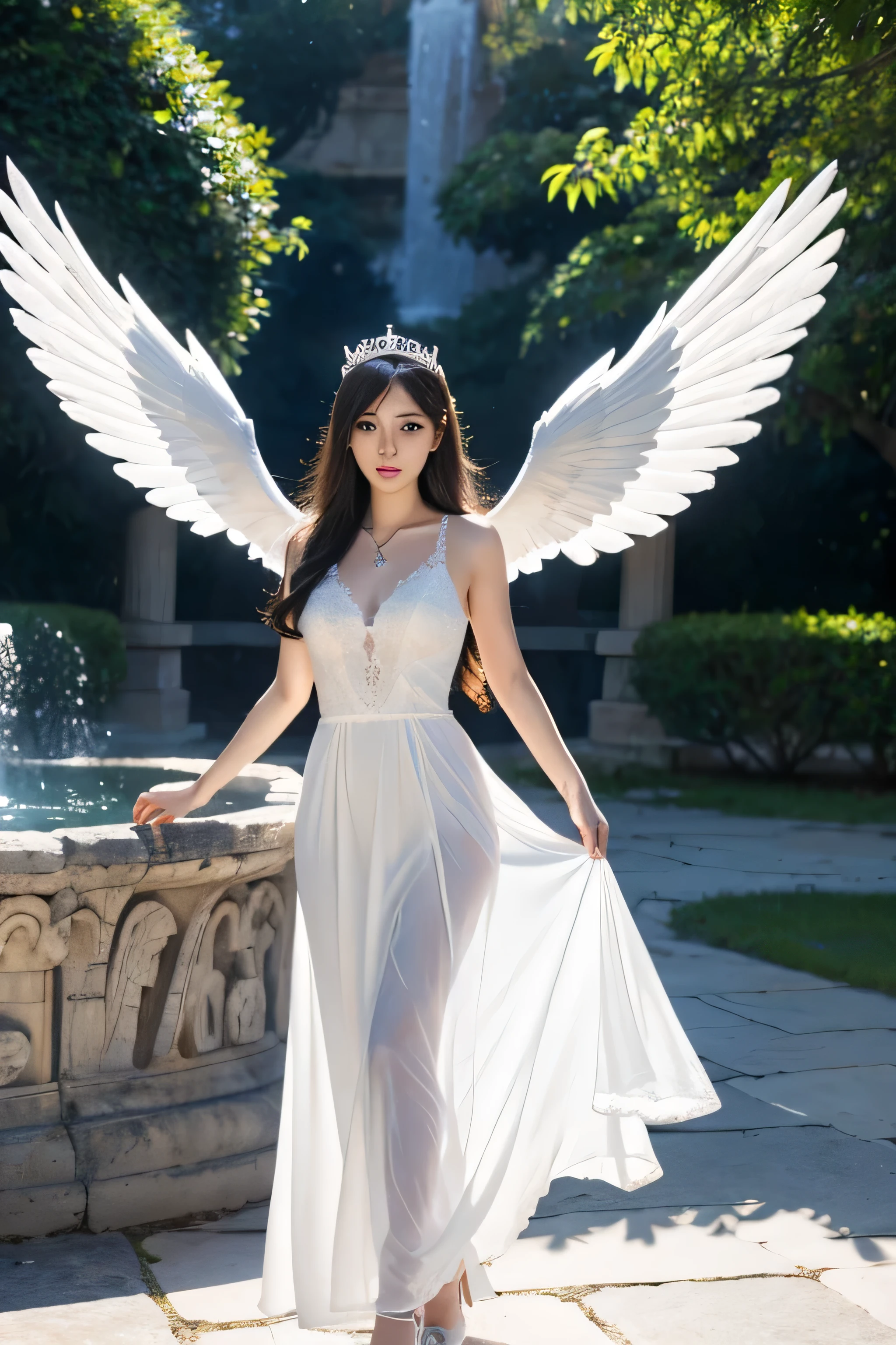 Ancient Greek ruins where only pillars remain、Walk in front of the fountain、full body figure、8K、real photos、ultra high resolution, master parts, highest quality, ticker , cinematic images,nice girl、Ann、16 only、Annグロサクソン、double eyelid、droopy eyes、very big eyes、green eyes、dark eye shadow、, fine eyes, Very difficult,lips are very thin、The nasal muscles stretch beautifully、the nostrils are very small、 shiny skin , パーフェクトブリリAnnト, perfect sentence, dramatic shadow ,white tiara on head、Greek see-through white dress、Chestrap、breasts are very big、Small white angel wings behind shoulders 、High Heel Glass Shoes、lace white gloves、holding a bouquet of white flowers with both hands、White see-through veil from the back of the head