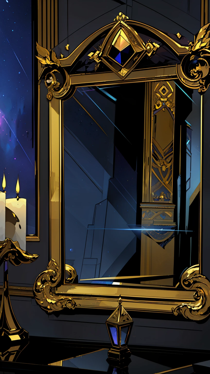 (high-quality, breathtaking), Mirror of Night Hades, nebula space background, tall rectangle golden ornate framed mirror, black glass, ominous tone, glowing edges, empty mirror, magic mirror, two candles, facing towards viewer
