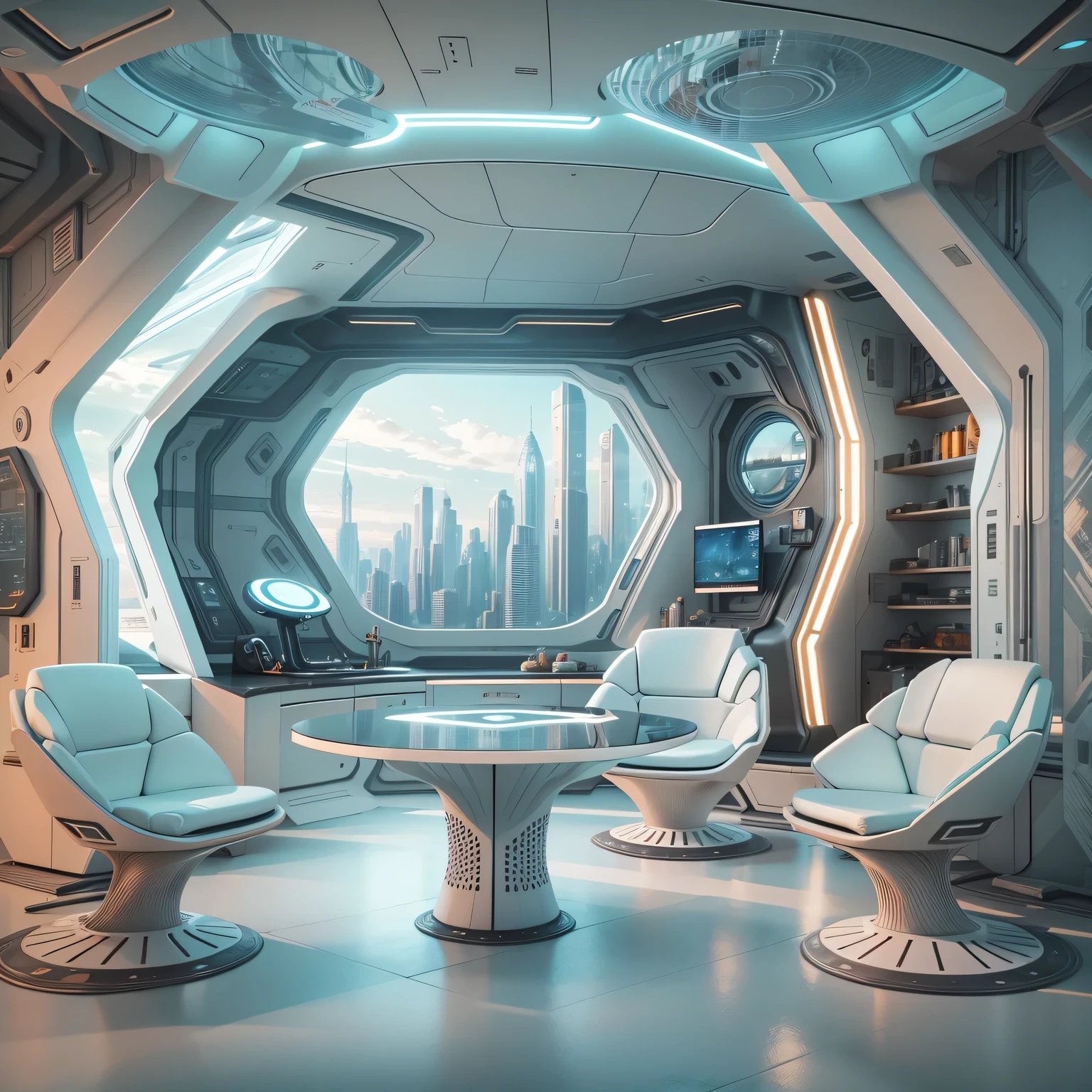 There is a table，There is a monitor，There is a chair in front, futuristic interior, futuristic room, retro futuristic apartment, futuristic room background, futuristic living room, futuristic architectural art, desktopography, sci-fi interior, Detailed futuristic architecture, gorgeous 3d render, origami studio 3 design, rendered in lumion pro, stunning 3 d render  