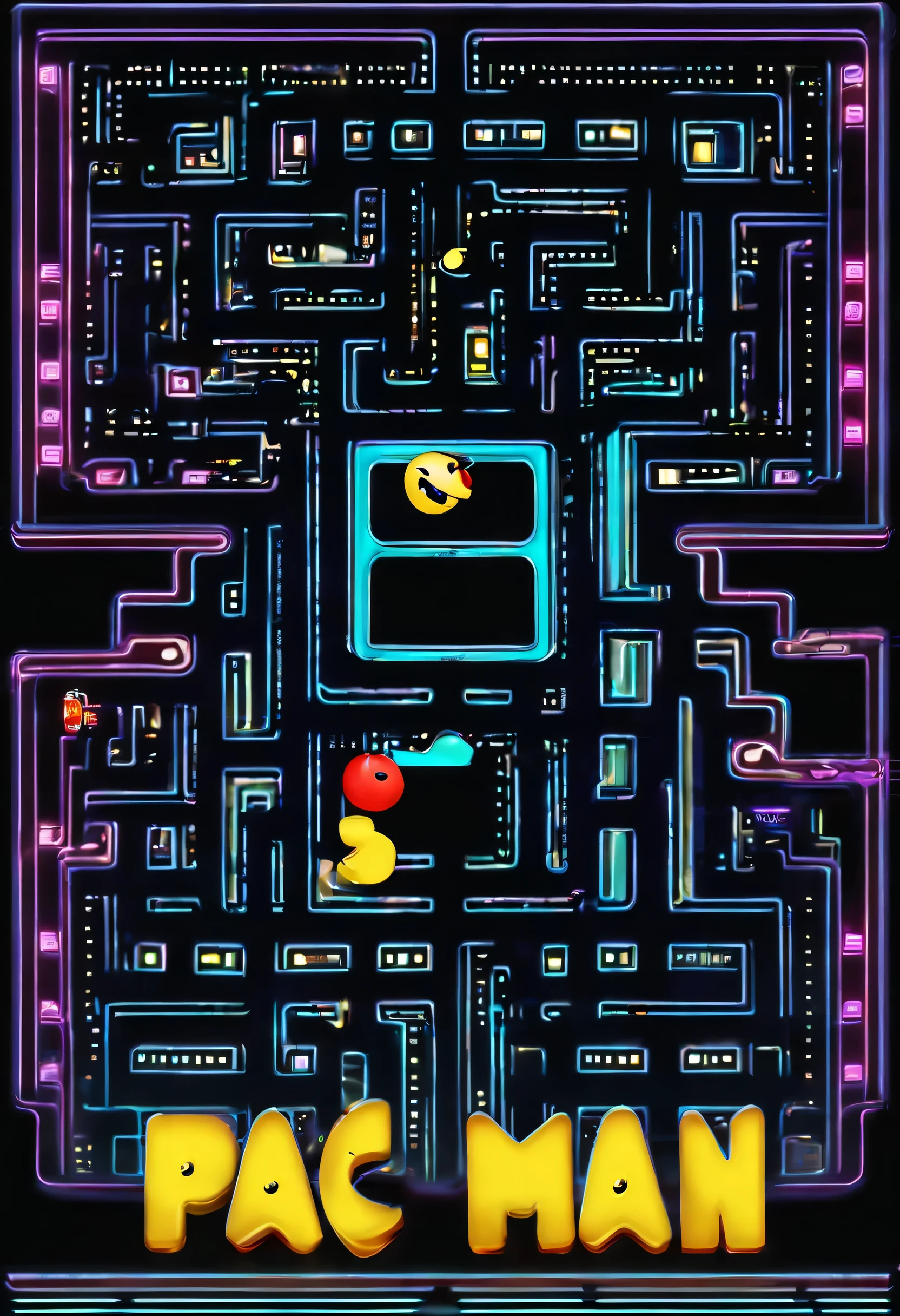 (Pac Man:2.5,art deco,3D,extradetailed),(best quality,highres:1.2),vibrant colors,contrasting shades,(glowing lights,ambient lighting),intricate patterns,geometric elements,retro-futuristic style,nostalgic vibe,dynamic movement,playful perspective,(shiny surfaces,mirror-like textures),futuristic technology,interactive gaming experience.