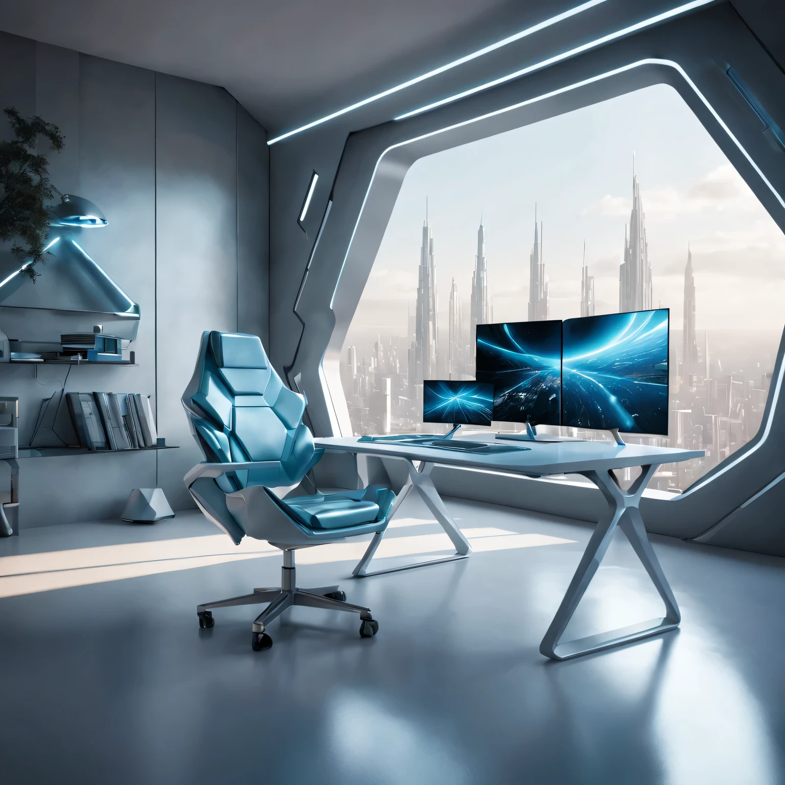 There is a table，There is a monitor，There is a chair in front, futuristic interior, futuristic room, retro futuristic apartment, futuristic room background, futuristic living room, futuristic architectural art, desktopography, sci-fi interior, Detailed futuristic architecture, gorgeous 3d render, origami studio 3 design, rendered in lumion pro, stunning 3 d render  