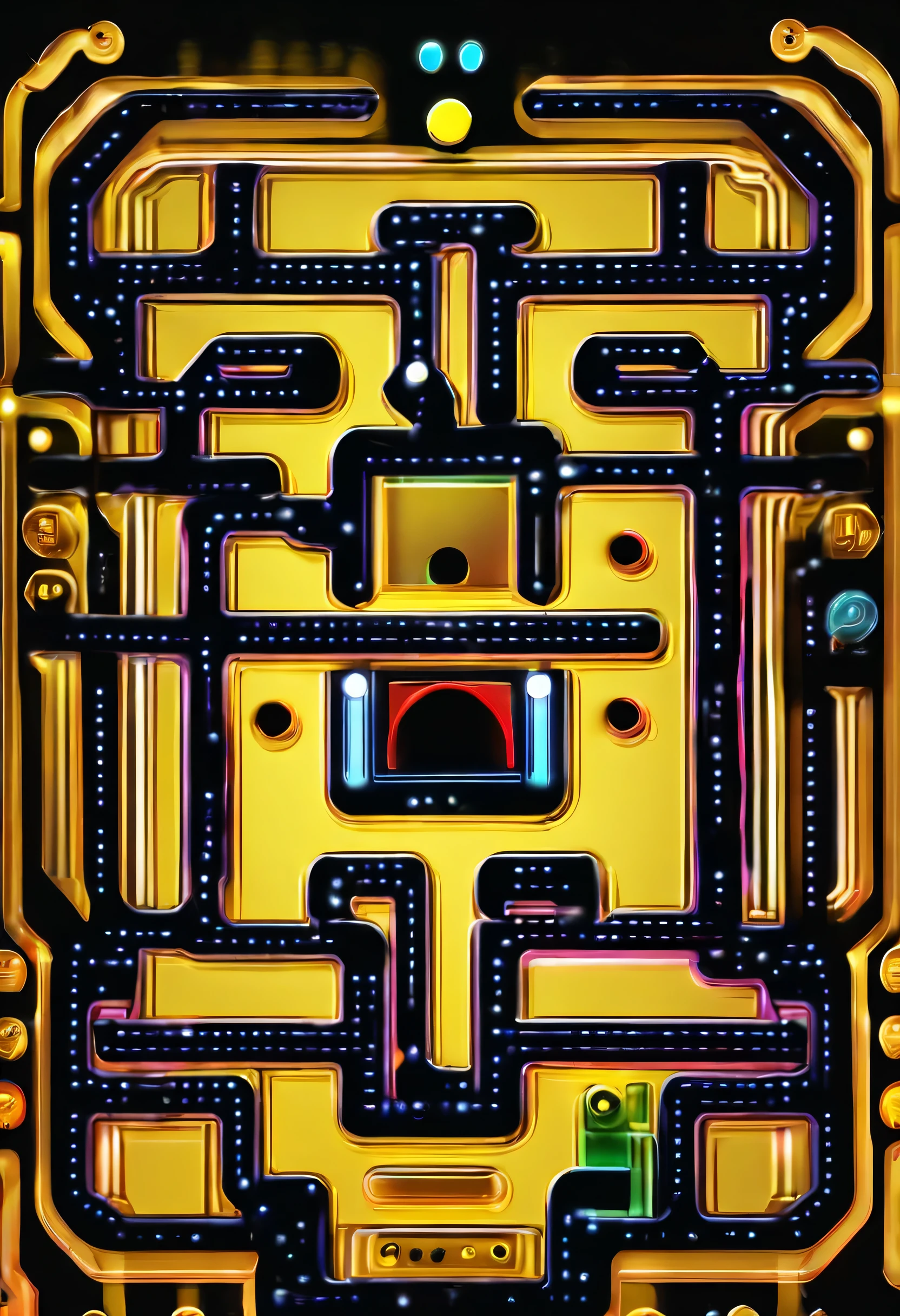 (Pac Man:2.5,art deco,3D,extradetailed),(best quality,highres:1.2),vibrant colors,contrasting shades,(glowing lights,ambient lighting),intricate patterns,geometric elements,retro-futuristic style,nostalgic vibe,dynamic movement,playful perspective,(shiny surfaces,mirror-like textures),futuristic technology,interactive gaming experience.