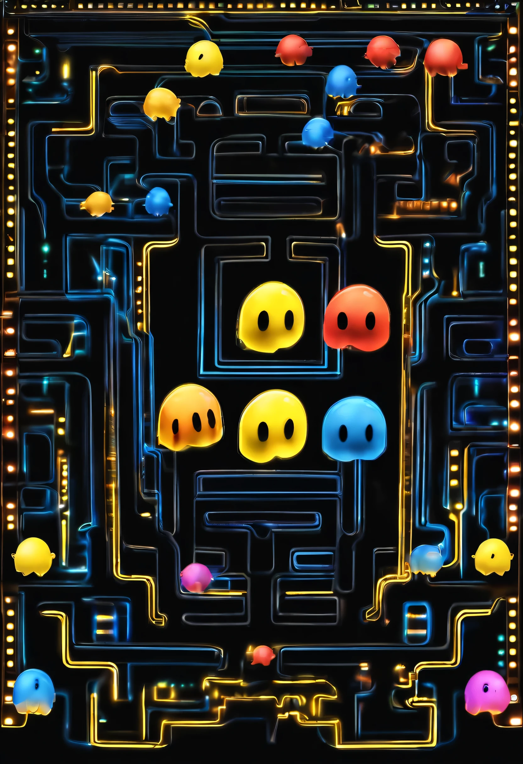 (Pac Man:2.5,art deco,3D,extradetailed),(best quality,highres:1.2),vibrant colors,contrasting shades,(glowing lights,ambient lighting),intricate patterns,geometric elements,retro-futuristic style,nostalgic vibe,dynamic movement,playful perspective,(shiny surfaces,mirror-like textures),futuristic technology,interactive gaming experience.