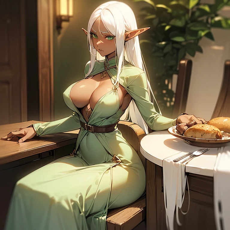 (((I want a solitary Elf Woman, Long white hair, Serene green eyes, brown skin, mature body with full breasts and slim waist, wearing a beautiful dress, sitting on a chair in front of a dining table))),(((Alone)))