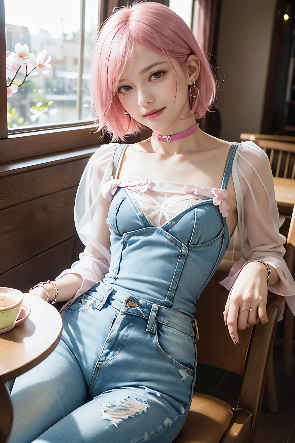 (8K, top-quality, masterpiece:1,2), (reallistic, Photorealsitic:1.37), Super Detail, One girl,), (Highly detailed), (beautifully detailed eyes), (of the highest quality), (super detailed ), (masterpiece), (Detailed face),20yr old, ,1 girl, ((pink hair,Very short hair)), medium breasts, clothed, Perfect Lighting, BREAK (pink sheer blouse:1.3), (white bustier:1.4), (denim high-waist skinny jeans:1.5), slim and sexy silhouette, blouse tied at the front, showing bustier and belt, no socks, black ankle boots, silver choker and earrings, BREAK smiling, looking at camera, holding cup with right hand, supporting cheek with left hand, (spring cafe date:1.4), upper body only, camera angle slightly below, wooden table with sweets, white cushioned chair, window with cherry blossoms, natural and artificial light mix, highlight on face and chest
