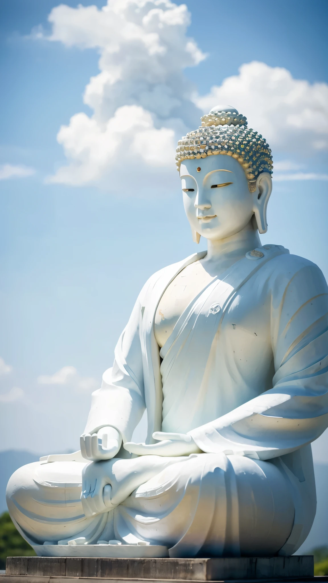 a big buddha statue,Zen style,White cloud background, on cloud, HD quality,Beautiful,ultra high resolution,8K resolution,Rich in details,First-person perspective,Tranquil atmosphere,Distinctive artistic style,Solemn and solemn,Yoga sitting,Hands together,The face of the traveler,peaceful face