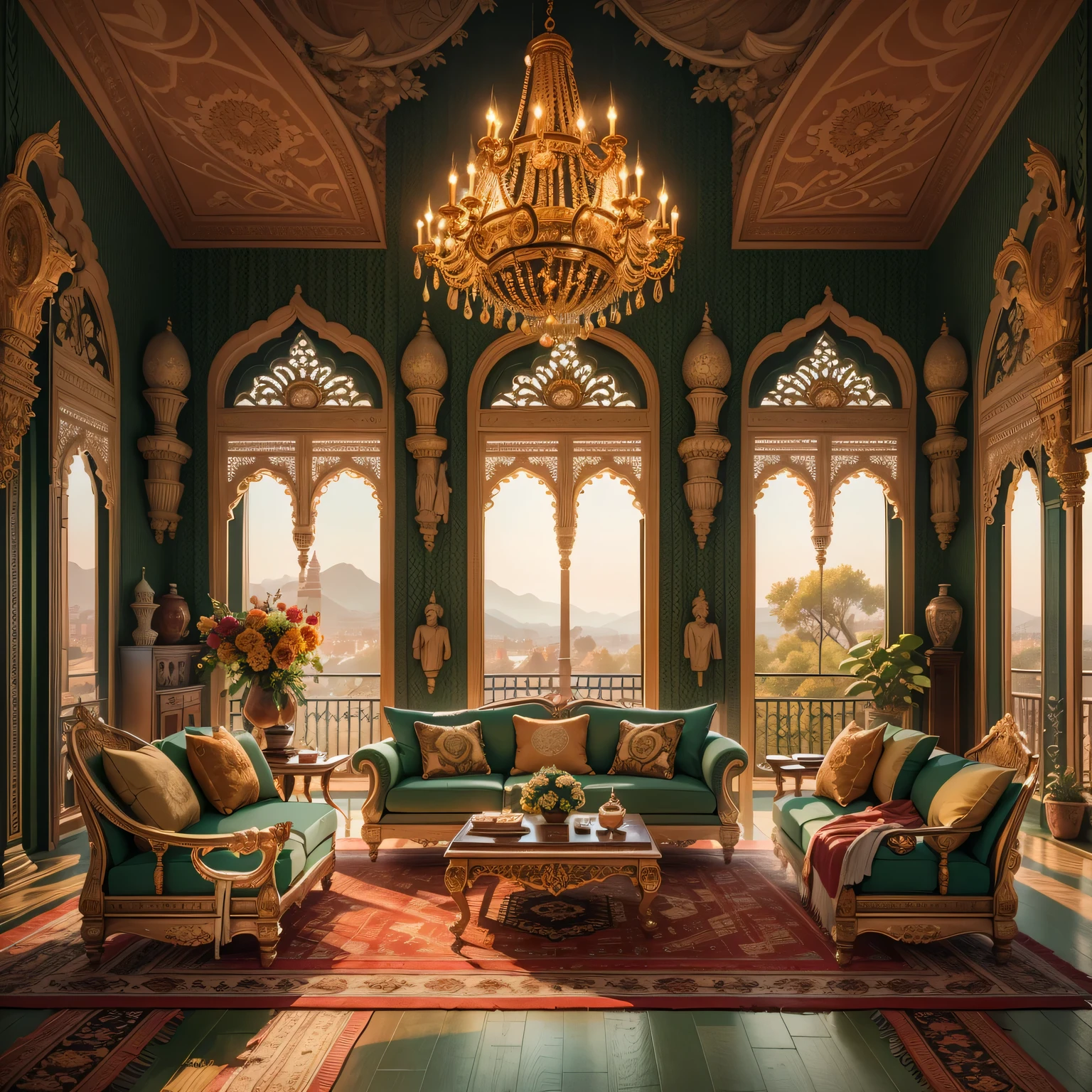 best quality,4K,8k,high resolution,masterpiece:1.2,Super detailed,actual,photoactual:1.37,indian style living room,Gorgeously decorated,Beautifully carved,bright colors,Beautiful pattern,gorgeous furniture,Gold accents,Beautifully embroidered cushions,Traditional artwork,exquisite silk curtains,soft warm light,peaceful atmosphere,Luxurious feeling,Comfortable seating,Perfectly arranged,A harmonious blend of traditional and modern elements,Spacious and open,tall ceilings,decorative chandelier,marble floor,Sculptures of gods and goddesses,burn incense,peaceful atmosphere,peaceful music playing,attractive floral fragrance,Scenic views,Large arched window overlooking the garden,Meticulous attention to detail,Royal elegance,The glamor of grandeur,exquisite craftsmanship,Magnificent Tapestry,Authentic Indian Artifacts,Cultural authenticity,gorgeous beauty,timeless design.