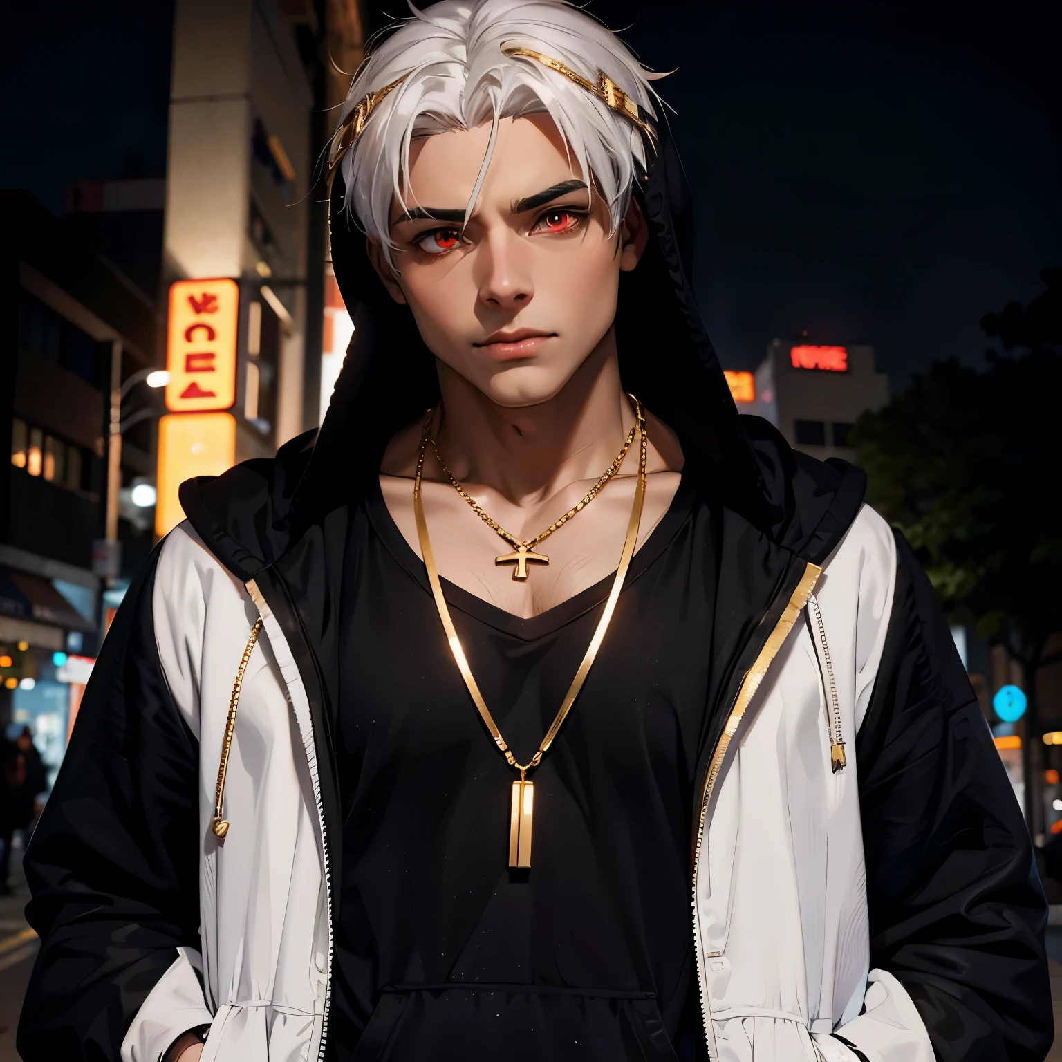 Male character, anime features, hand in pocket, hood, white hair, neon red eyes, black outfit, watch and gold necklace