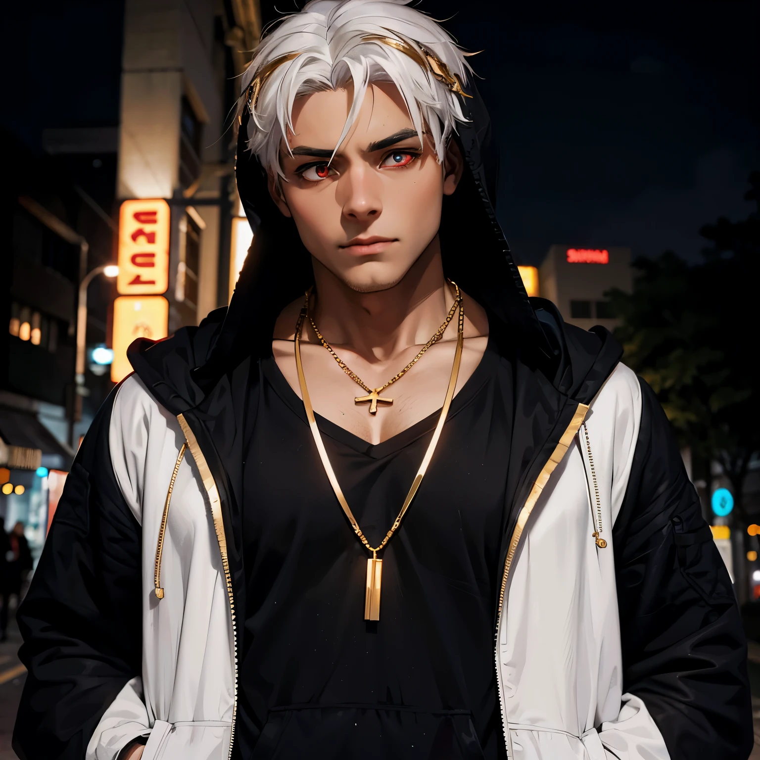 Male character, anime features, hand in pocket, hood, white hair, neon red eyes, black outfit, watch and gold necklace
