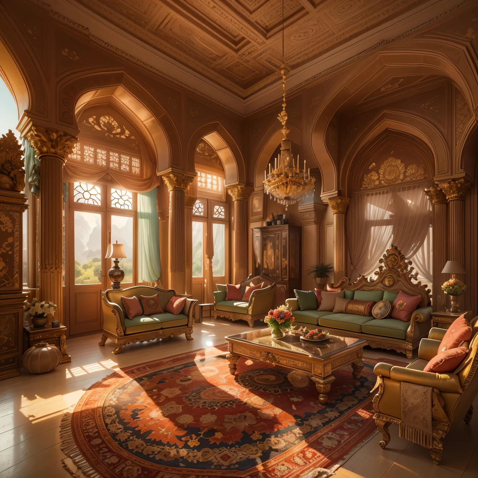 best quality,4K,8k,high resolution,masterpiece:1.2,Super detailed,actual,photoactual:1.37,indian style living room,Gorgeously decorated,Beautifully carved,bright colors,Beautiful pattern,gorgeous furniture,Gold accents,Beautifully embroidered cushions,Traditional artwork,exquisite silk curtains,soft warm light,peaceful atmosphere,Luxurious feeling,Comfortable seating,Perfectly arranged,A harmonious blend of traditional and modern elements,Spacious and open,tall ceilings,decorative chandelier,marble floor,Sculptures of gods and goddesses,burn incense,peaceful atmosphere,peaceful music playing,attractive floral fragrance,Scenic views,Large arched window overlooking the garden,Meticulous attention to detail,Royal elegance,The glamor of grandeur,exquisite craftsmanship,Magnificent Tapestry,Authentic Indian Artifacts,Cultural authenticity,gorgeous beauty,timeless design.