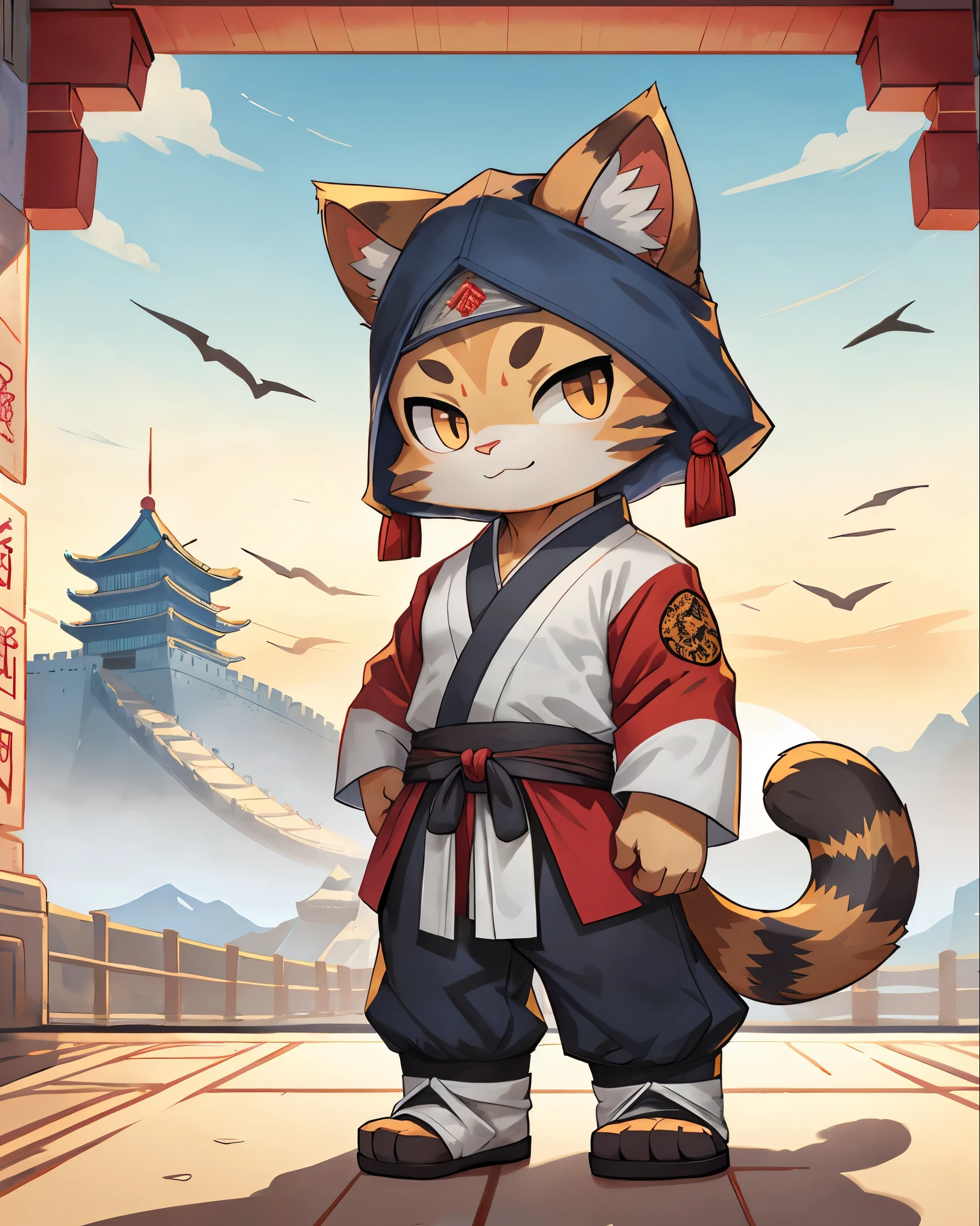Cat dressed as Kungfu master, chibi, standing, background Great Wall of China, stunning style