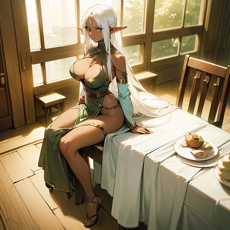 (((I want a solitary Elf Woman, Long white hair, Serene green eyes, brown skin, mature body with full breasts and slim waist, wearing a beautiful dress, sitting on a chair in front of a dining table))),(((Alone)))