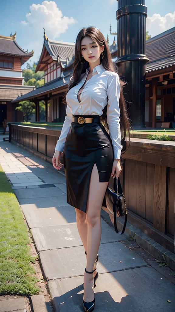 highest resolution, 8K, high definition, (นักศึกษาthailand, woman, half-caste, thailand, Japan, Korea, Height 173 centimeters), ((stand)), (Beautiful face, แต่งBeautiful face, Double eyelids, red lips), ((black hair, ((long hairถึงพื้น)), long hairมาก, long hairตรง, long hair, flowing smoothly)), (womanที่สวยงาม, The texture is realistic.), (Breast clamp, เสื้อเชิ้ตแขนshortสีขาว, collar shirt, Thin shirt, gold shirt buttons), (หัวBig tits, super หัวBig tits, super extra หัวBig tits), (Huge breasts, Breast augmentation, เต้าBig tits, Big tits), (Black pencil skirt, short, Side incision, กระโปรงพร้อมbeltwoman, tight), (Symmetrical shape, sexy figure, small waist, Long legs, Beautiful thighs), (Pitch black high heels), (decorations, earring, clock, pin, belt), full body photo, Look at every part of the body., (university backdrop, Building Building, university building, lawn, outdoor sports field, garden)