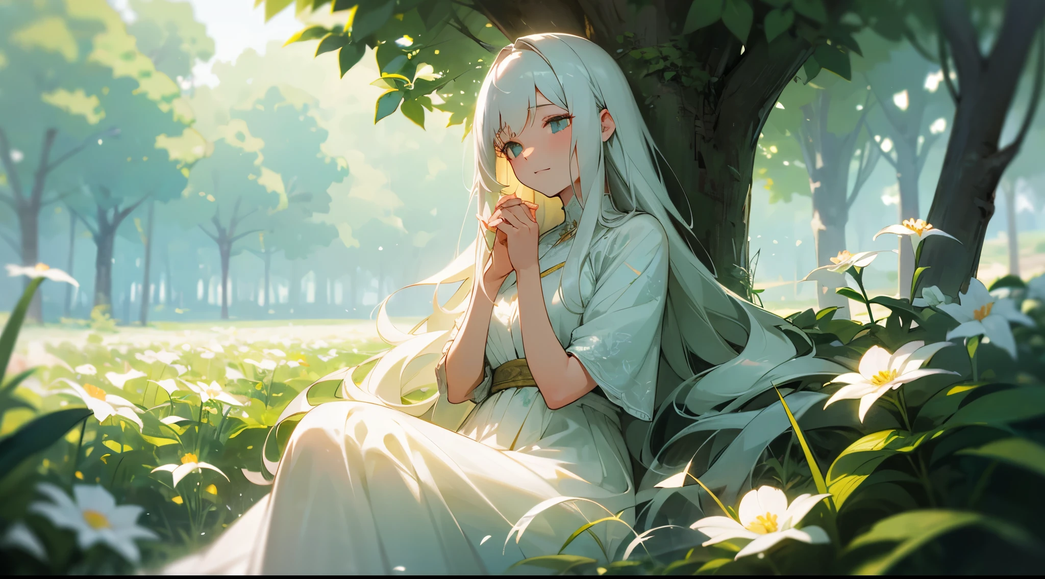 (most detailed masterpiece:1.2), 1 girl with long flowing white hair sitting in a field of lush green plants and vibrant flowers. Her hand rests gently under her chin. The warm sunlight filters through the leaves, casting a soft glow on her face. She is wearing a flowing white dress that catches the gentle breeze, adding a sense of movement to the scene. In the foreground, the flowers appear slightly blurred, creating a dream-like atmosphere.