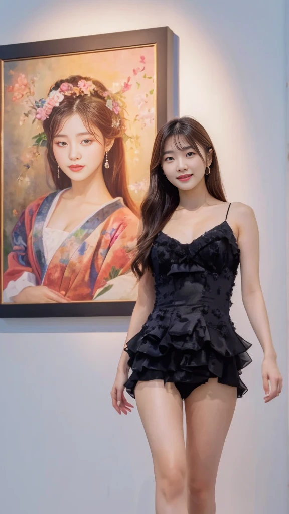 a woman in a short dress posing in front of a painting, gorgeous young korean woman, wearing an elegant dress, beautiful young korean woman, sexy dress, beautiful south korean woman, yanjun chengt, jaeyeon nam, korean women's fashion model, elegant dress, hwang se - on, pink dress, korean artist, wearing a pink dress, cute korean actress