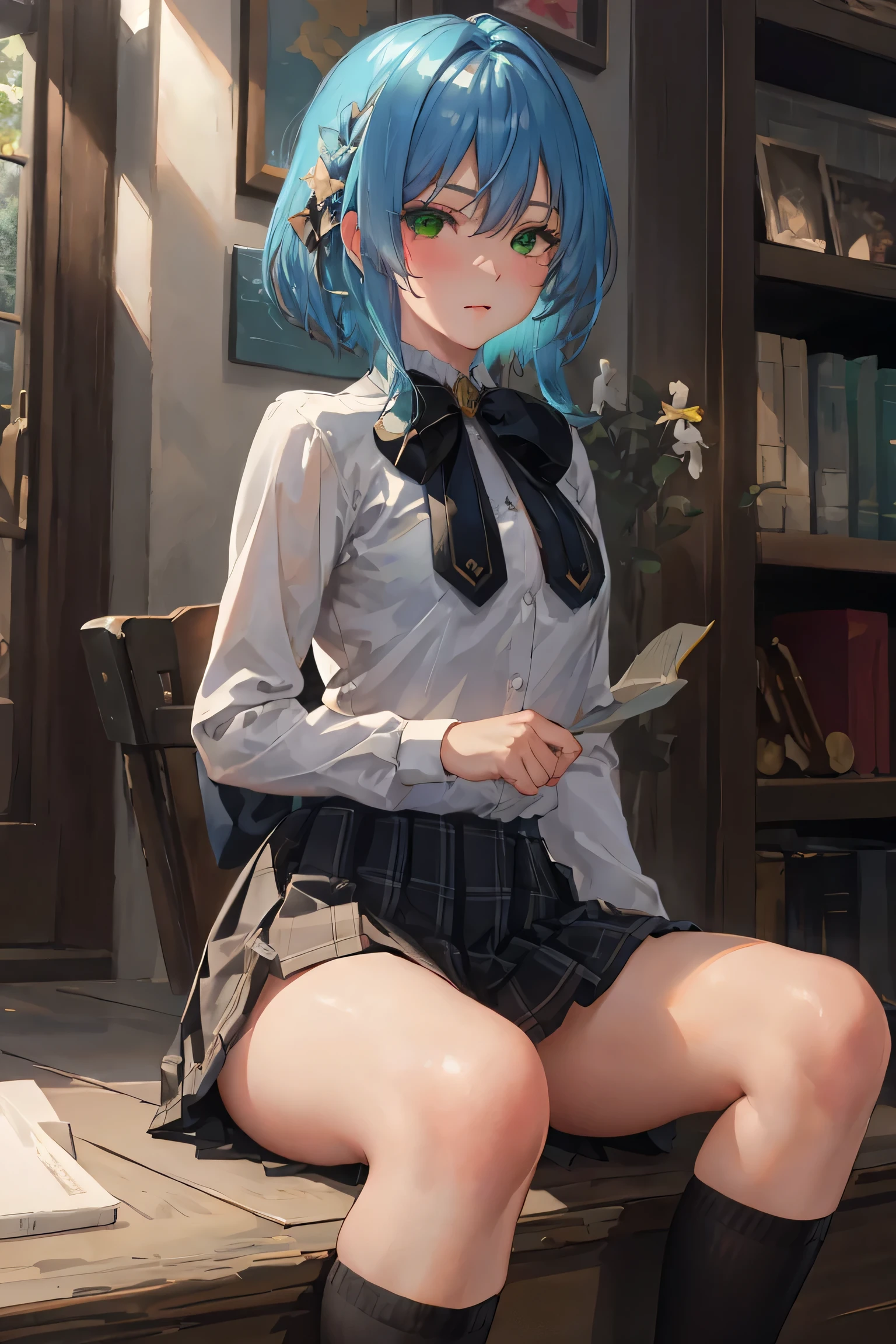 highres, aavillhaze, short hair, green eyes,
BREAK wearing skirt, shirt, long sleeves, bow, school uniform, pleated skirt, collared shirt, bowtie, sweater, plaid, black shirt, plaid skirt, grey skirt, black sweater, grey bow,
BREAK looking at viewer,sitting, panties focus, nsfw,cameltoe,
BREAK indoors, library,
BREAK (masterpiece:1.2), best quality, high resolution, unity 8k wallpaper,NSFW ,(illustration:0.8), extremely detailed face, perfect lighting, extremely detailed CG, (perfect hands, perfect anatomy),