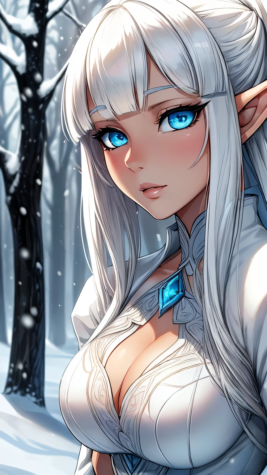 ((ultra quality)), ((masterpiece)), young elf girl, Wakfu style, ((medium length white hair tied up, has bangs)), (Beautiful face), (beautiful female lips), (elven long ears), charming, (()), looks at the camera, eyes slightly open, (skin color white), (White skin), glare on the body, ((detailed beautiful female eyes)), ((bright blue eyes)), (juicy female lips), (dark eyeliner), (beautiful female hands), ((ideal female figure)), ideal female body, beautiful waist, gorgeous thighs, beautiful medium breasts, ((subtle and beautiful)), sexy worth (close up of face), (white winter coat, White pants, white winter boots) background: winter forest snowing, ((depth of field)), ((high quality clear image)), (clear details), ((high detail)), realistically, professional photo session, ((Clear Focus)), anime