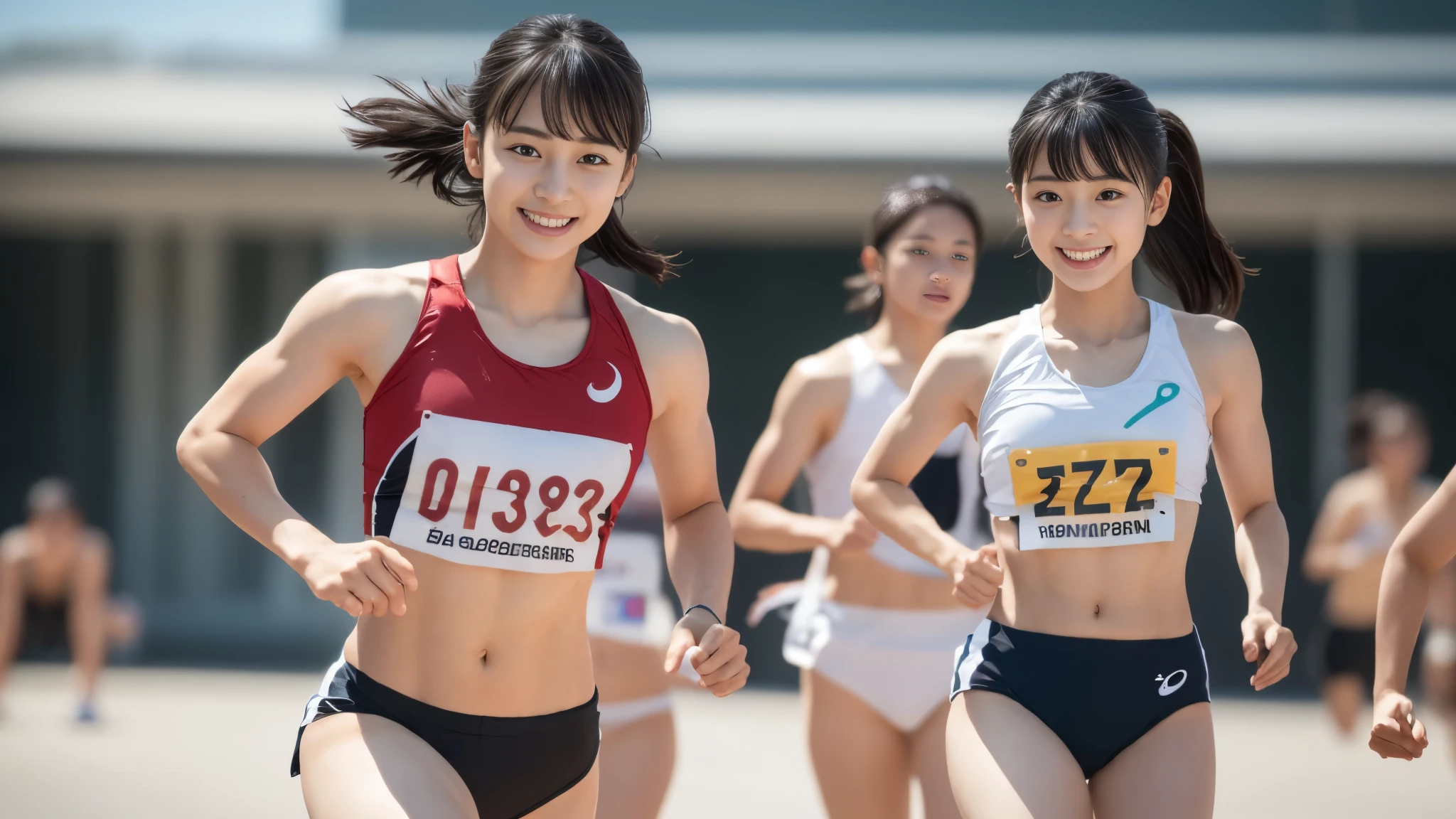 realistic pictures、perfect beautiful woman、(muscular body)、sweat flows all over the body、1 female、(go for a run:1.5)、Athletics、Take a full body photo、18-year-old、brown eyes、realistic skin、（small breasts:1.7）、（My abdominal muscles are so tight that they crack、Athlete body shape:1.3）、bright sportswear、black hair、straight hair、bangs、high ponytail、(look at the camera:1.4)、smile、raise one hand、dynamic angle、beautiful feet、Live shooting、highest quality、High resolution、(masterpiece)、(realistic:1.4)、professional photos、sharp focus、Backlight、（chromatic aberration:1.3）、ticker、8K resolution、intricate details、fine eyes、Ultra High Definition Eyes、Physically based rendering、8k wallpaper、Lens flare、professional writing、ultra wide angle、wide angle photo、