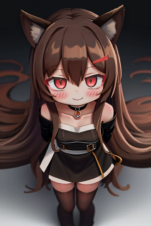 (from above:1.2),upper body, solo,1girl, standing,arms behind back, (half-closed eyes:1.2), evil smirk, collarbone,long sleeves,black choker, thighhighs, animal_ears, long_hair, dog_ears, brown_hair, bangs, red_eyes, smile, dog_girl, open_mouth, breasts, blush, hair_between_eyes, very_long_hair,ceobe_arknights