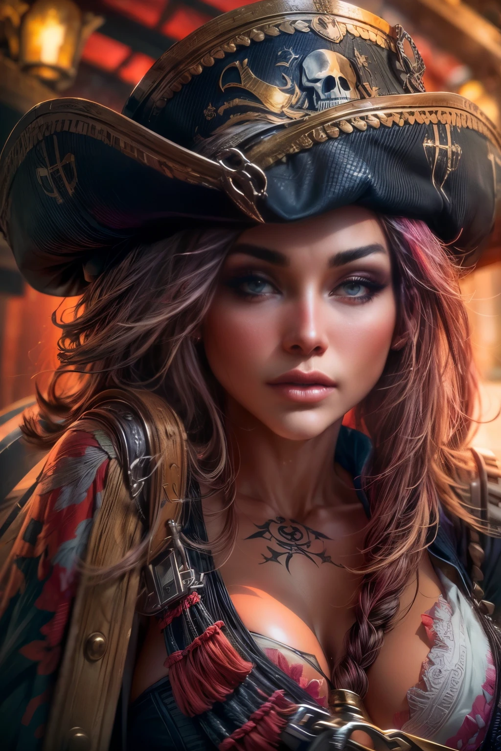 Beautiful Pirate queen on her ship,sexy full body,braided pink hair,leather hat with skull drawing,blue eyes, holding pirate sword,pirate ships,sea,sunrise with red and purple light,(best quality,4k,8k,highres,masterpiece:1.2),ultra-detailed,(realistic,photorealistic,photo-realistic:1.37),HDR,UHD,studio lighting,ultra-fine painting,sharp focus,physically-based rendering,extreme detail description,professional,vivid colors,bokeh,portraits,photography,concept artists,vibrant,contrasting, cinematic light