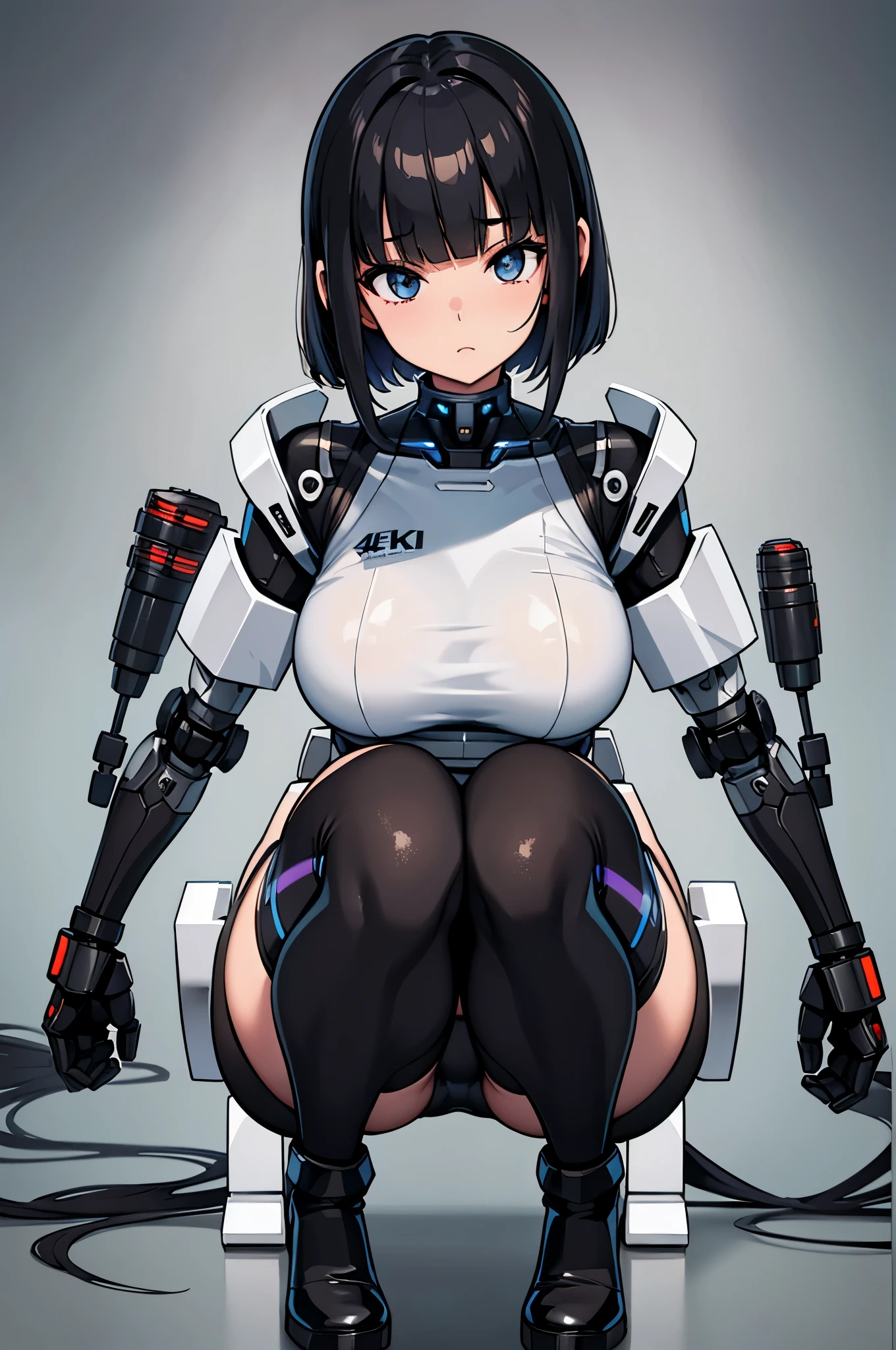 masterpiece, best quality, extremely detailed, (8K, 4K, Best Quality, hight resolution, 超A high resolution:1.1), Japanese android woman,Plump , announcer,control panels,activate,Squat,android,droid,Mechanical Hand,Robot arms and legs, Black Robot Parts,black hair,darkblack knee high socks,black sponge joints,blunt bangs,white robot body,ceramic body,jockey boots,perfect cyborg girl,