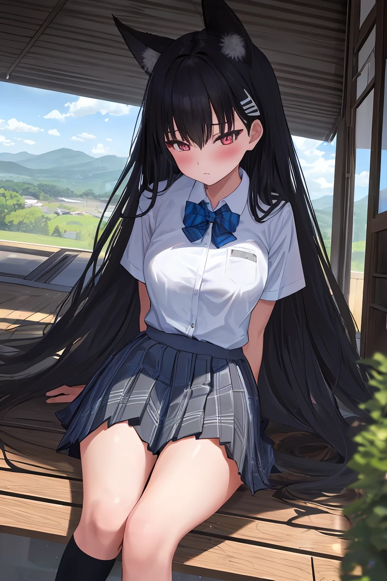 (masterpiece:1.2, top quality), (actual, photoactual:1.4), Beautiful illustration,
looking at the audience, whole body,succubus possession,Hornless,Black fox ears(black devil tail)
,Japanese, high School girl, (long hair:1.5), blow dry hair, (half, halfdo), Bangs, hair between eyes
(Beautiful scenery), , School,
((Collared short-sleeved shirt, white shirt, School uniform, Gray plaid pleated skirt, Blue plaid bow tie)), white,
lean over,Blush to the audience